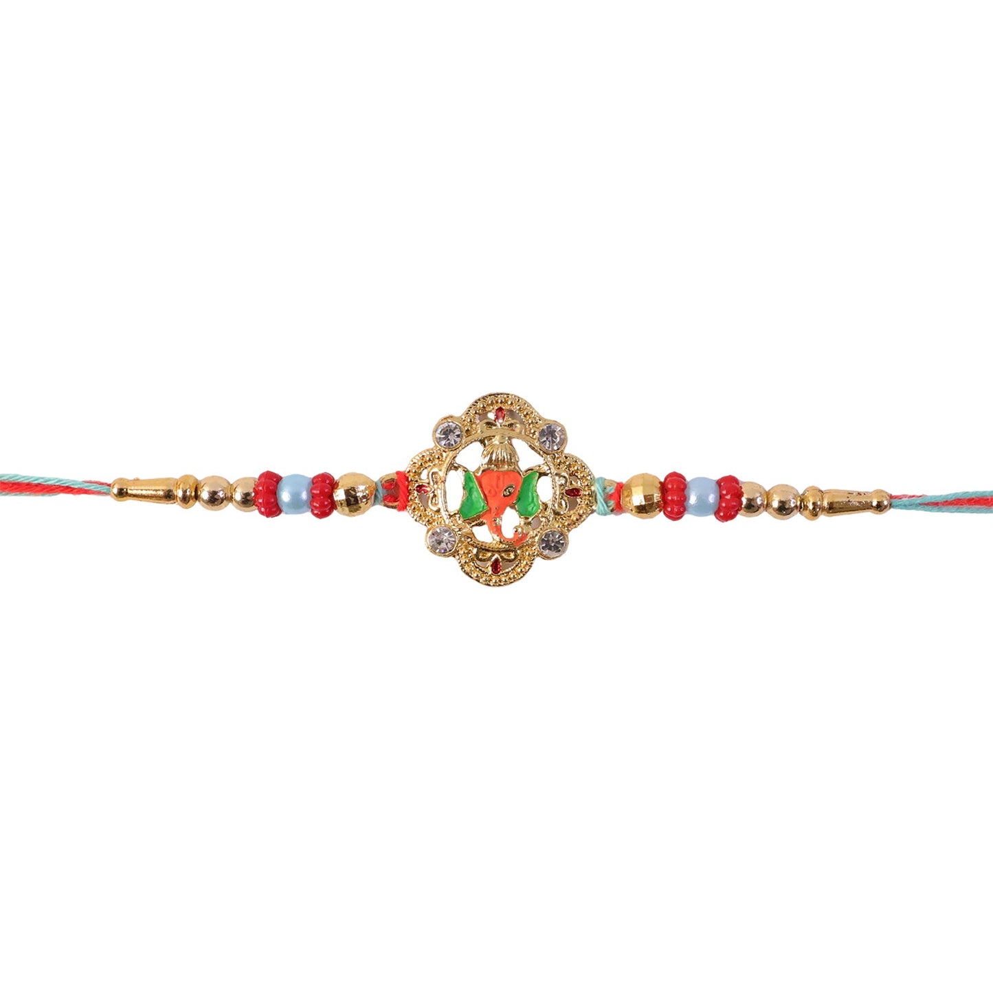 Colourful Floral Kundan Rakhi with Green Peacock Accent