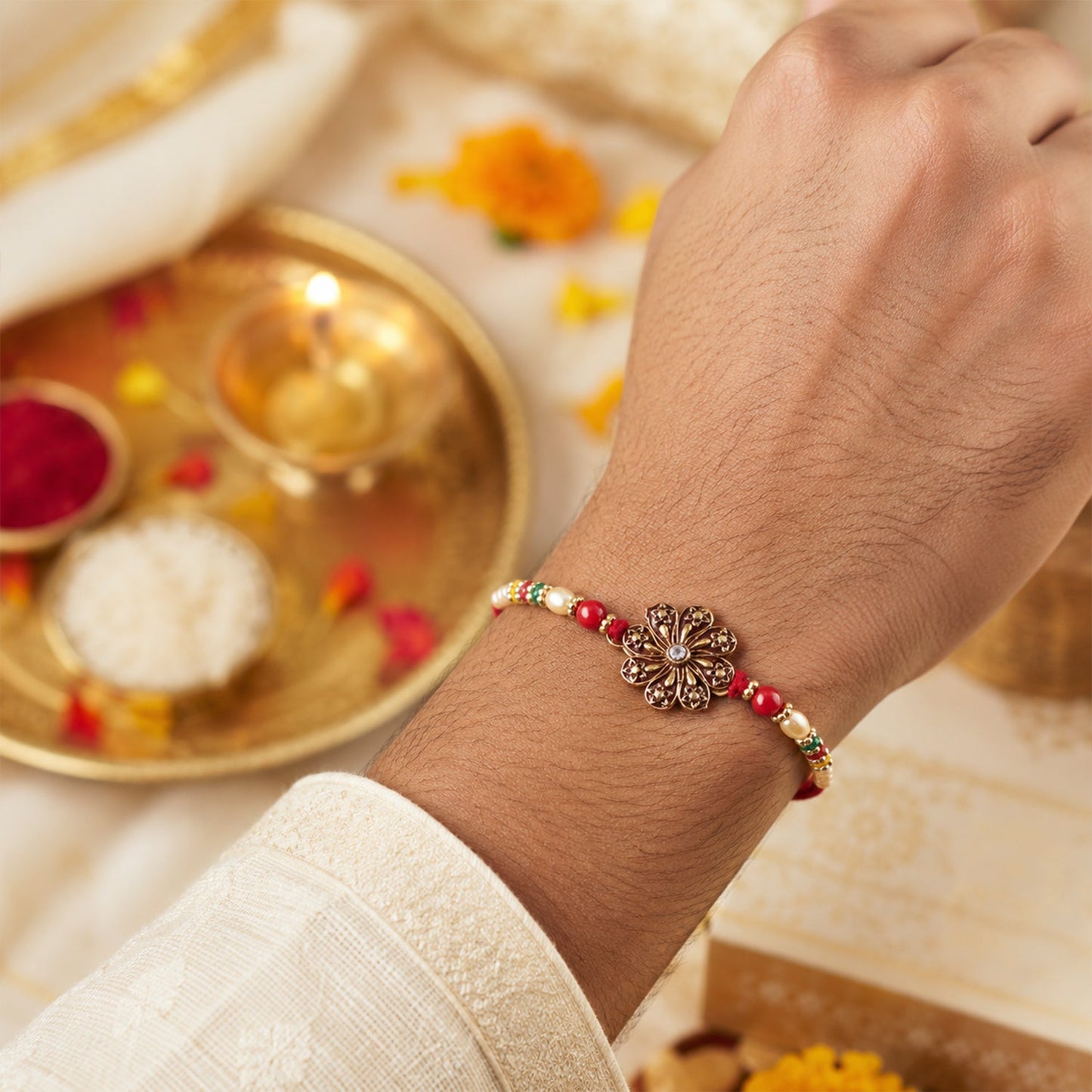 Antique Oxidised Floral Rakhi with Multicolour Beads