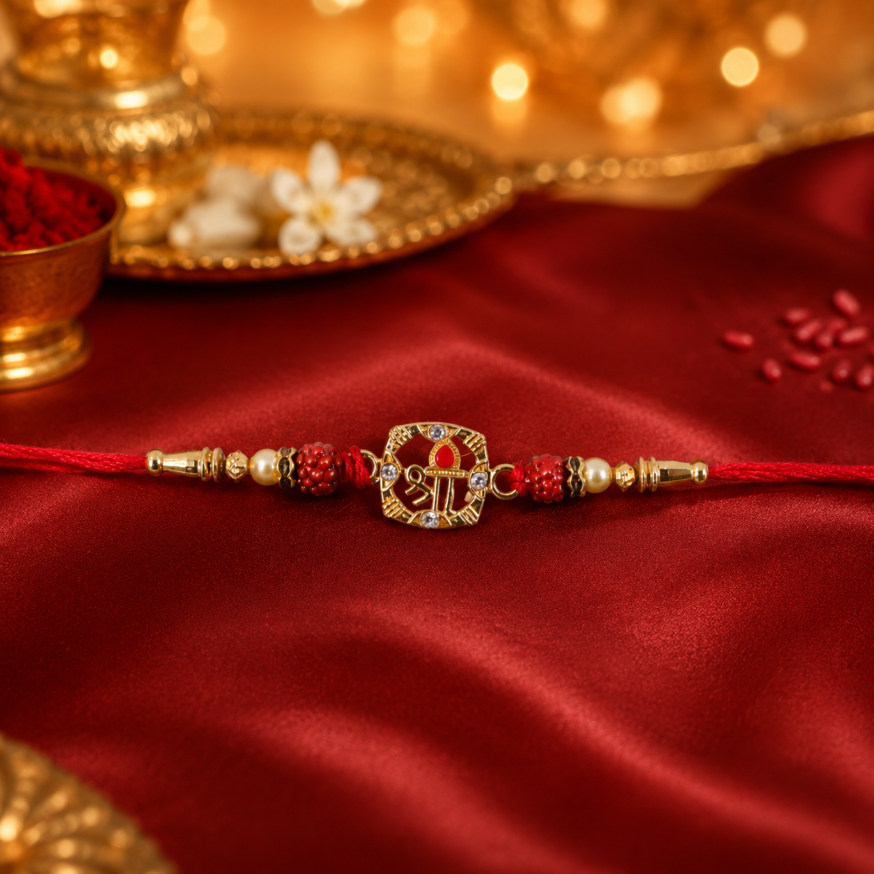 Rudraksha Rakhi with Golden Floral Ring