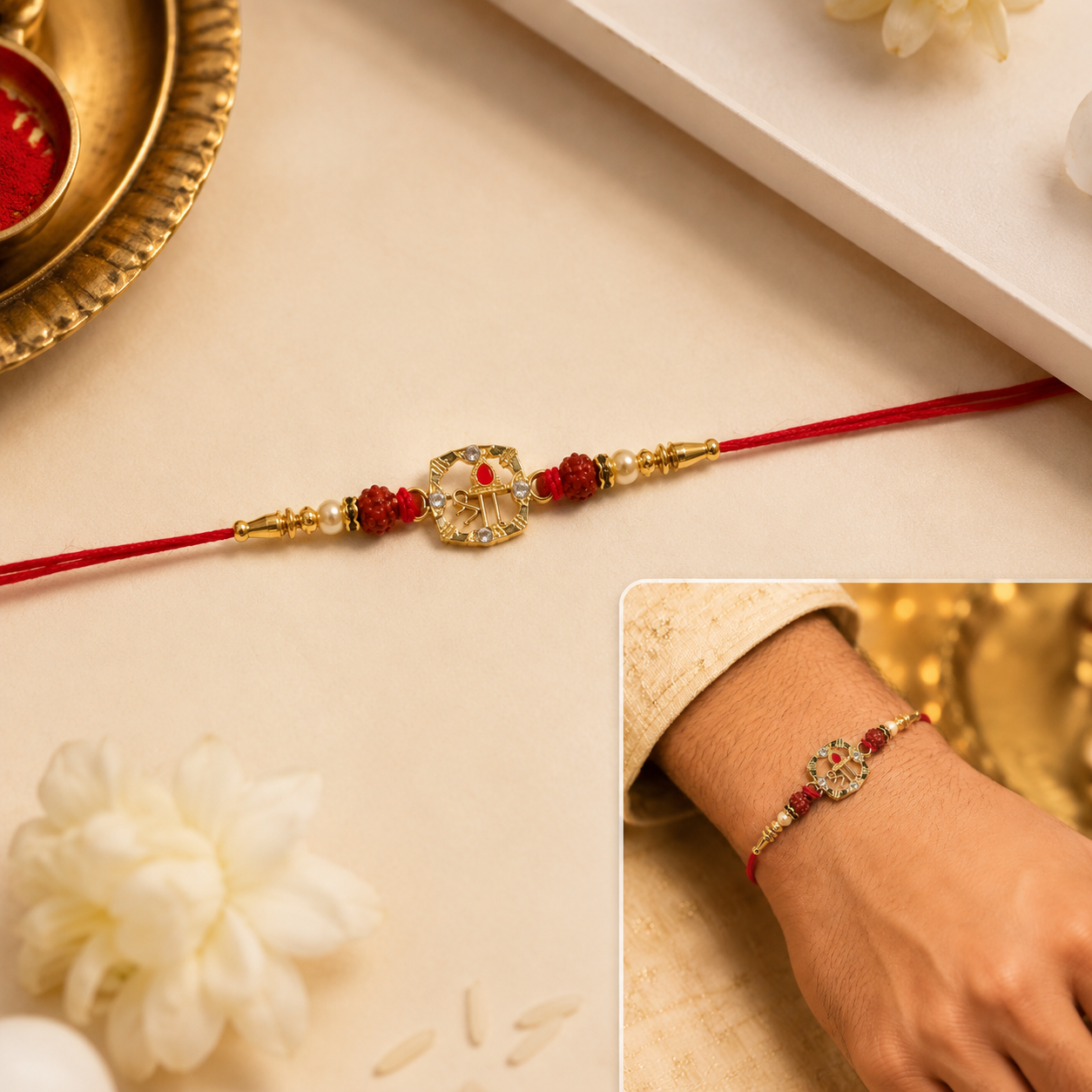 Rudraksha Rakhi with Golden Floral Ring