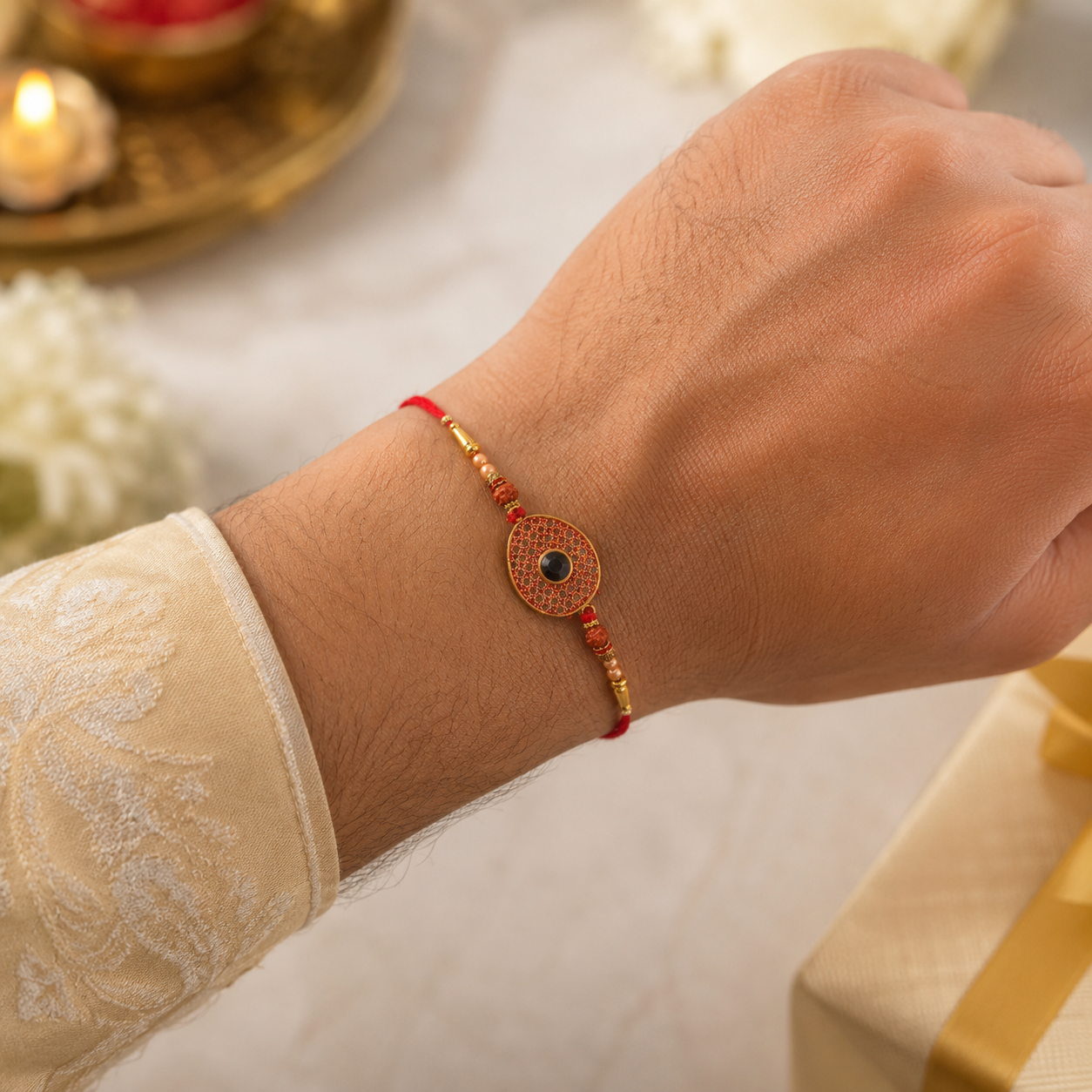 Red Meenakari Oval Disc Rakhi with Rudraksha & Pearls