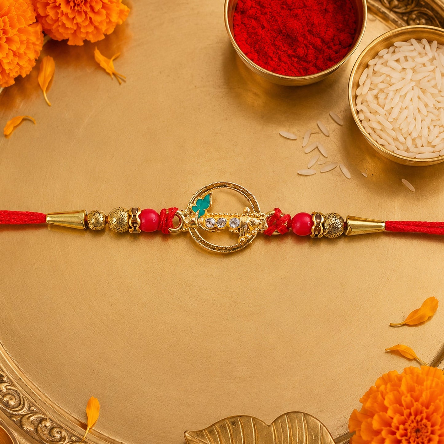 Golden Peacock Ring Rakhi with Kundan & Red Beads