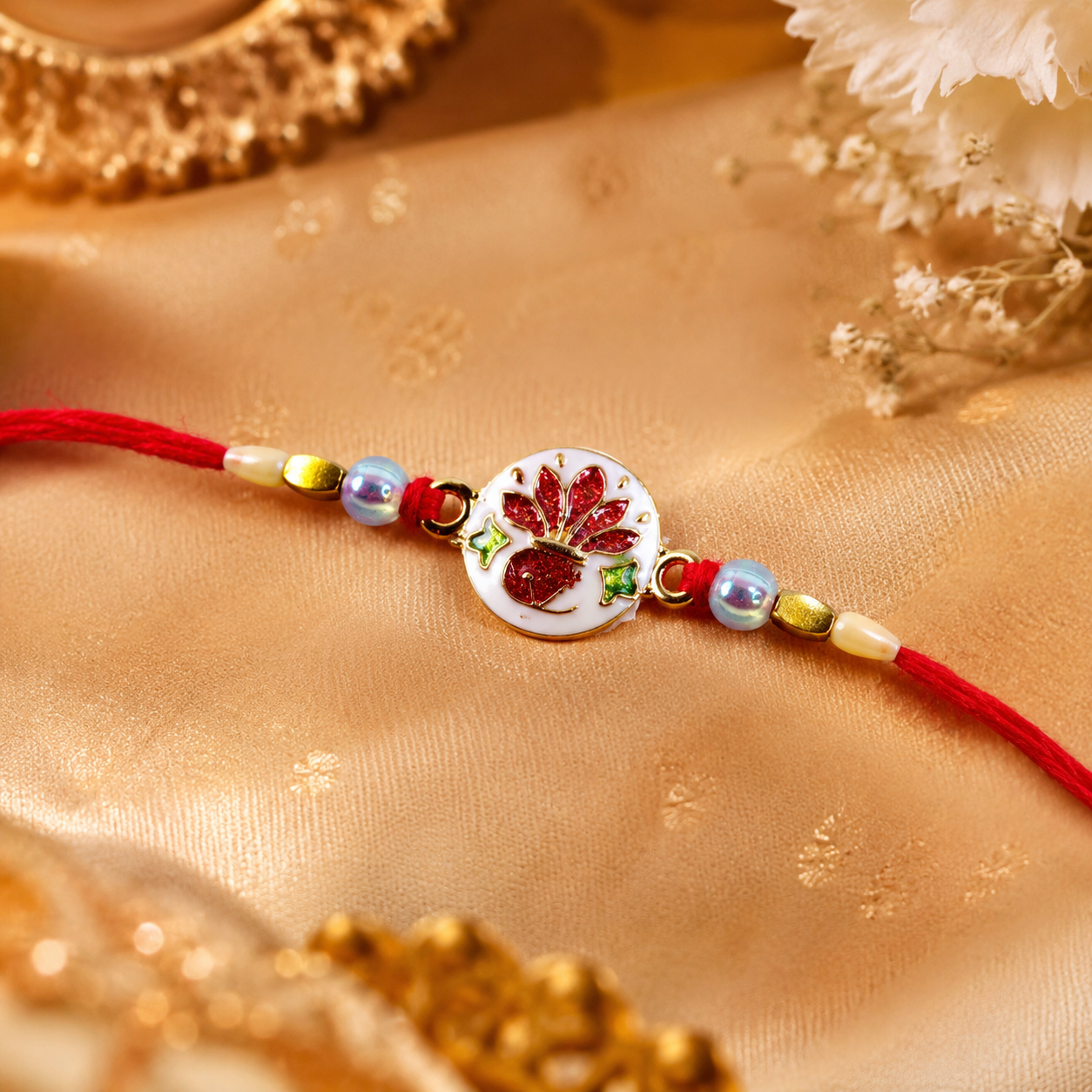 Hand-Painted Ceramic Floral Rakhi with Red Beads