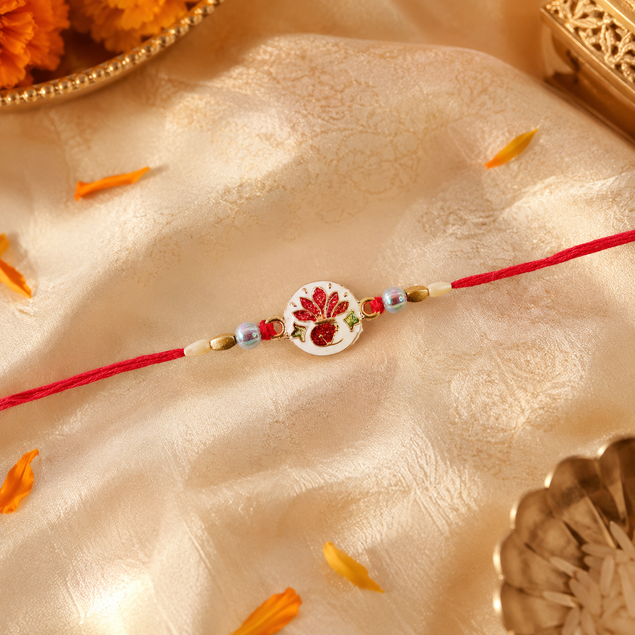 Hand-Painted Ceramic Floral Rakhi with Red Beads