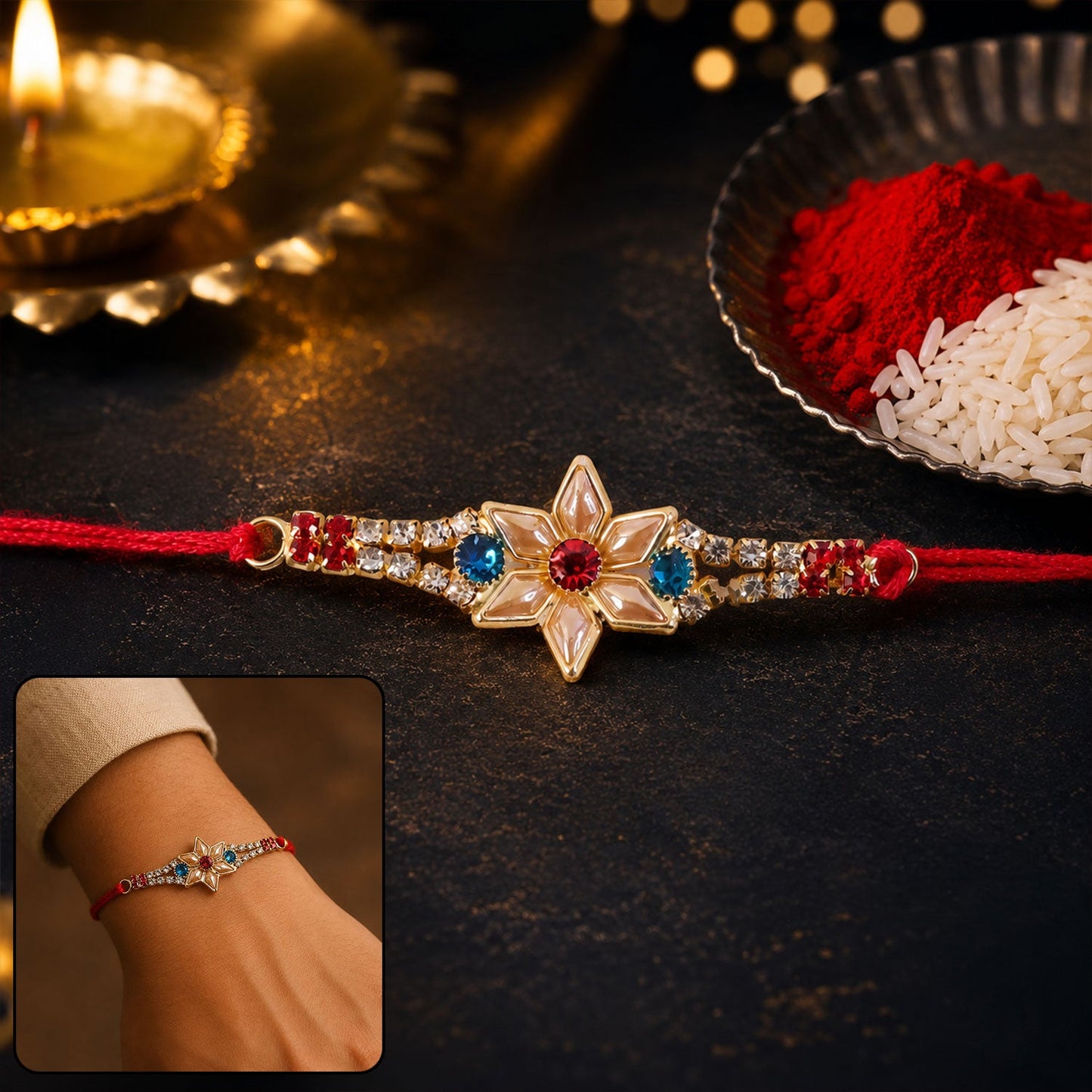 Star-Shaped Kundan Rakhi with Pearls & Red Stone