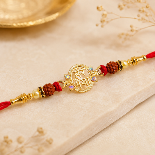 Golden Shiv Mantra Rakhi with Rudraksha Beads