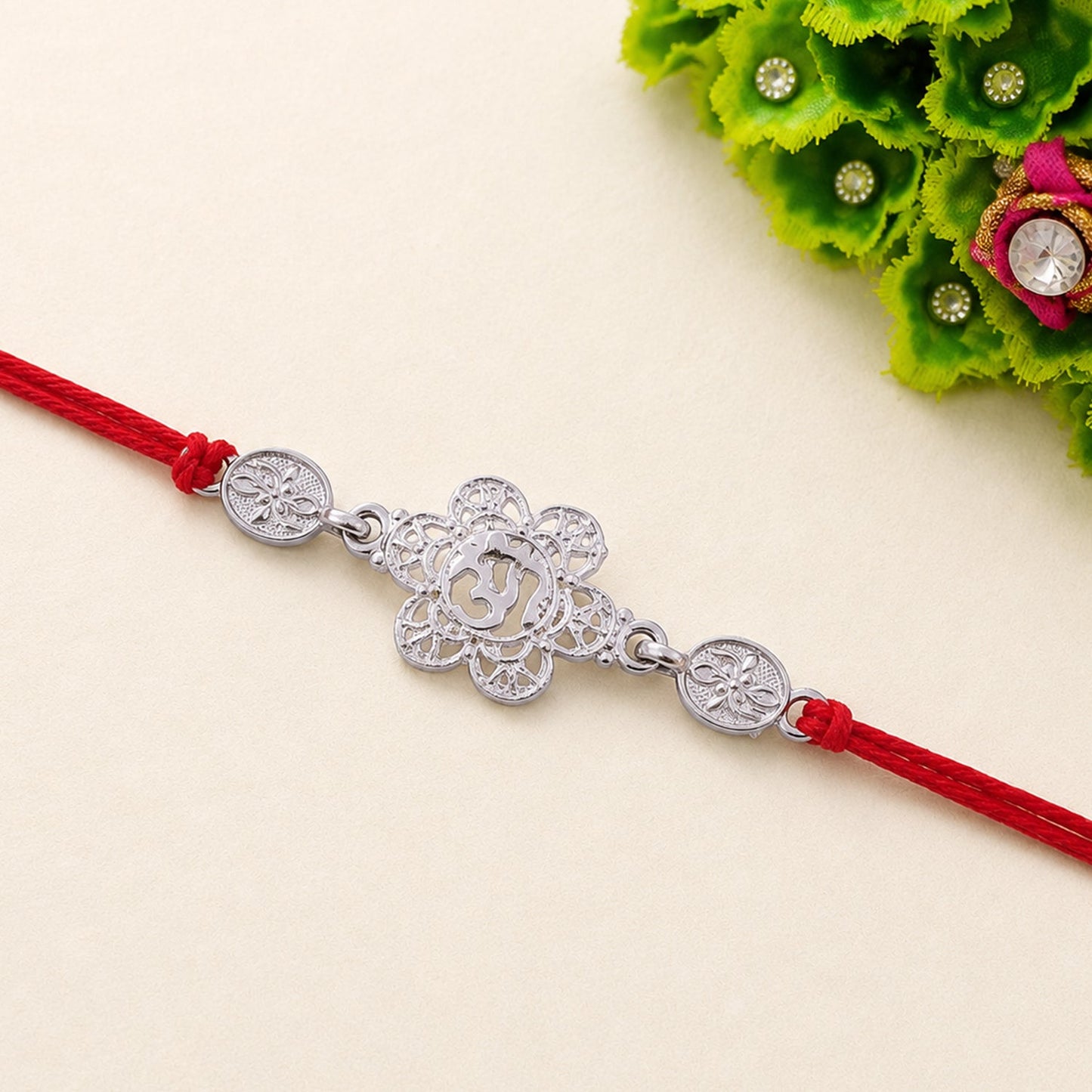 Silver-Tone Floral Rakhi with Coin Accents
