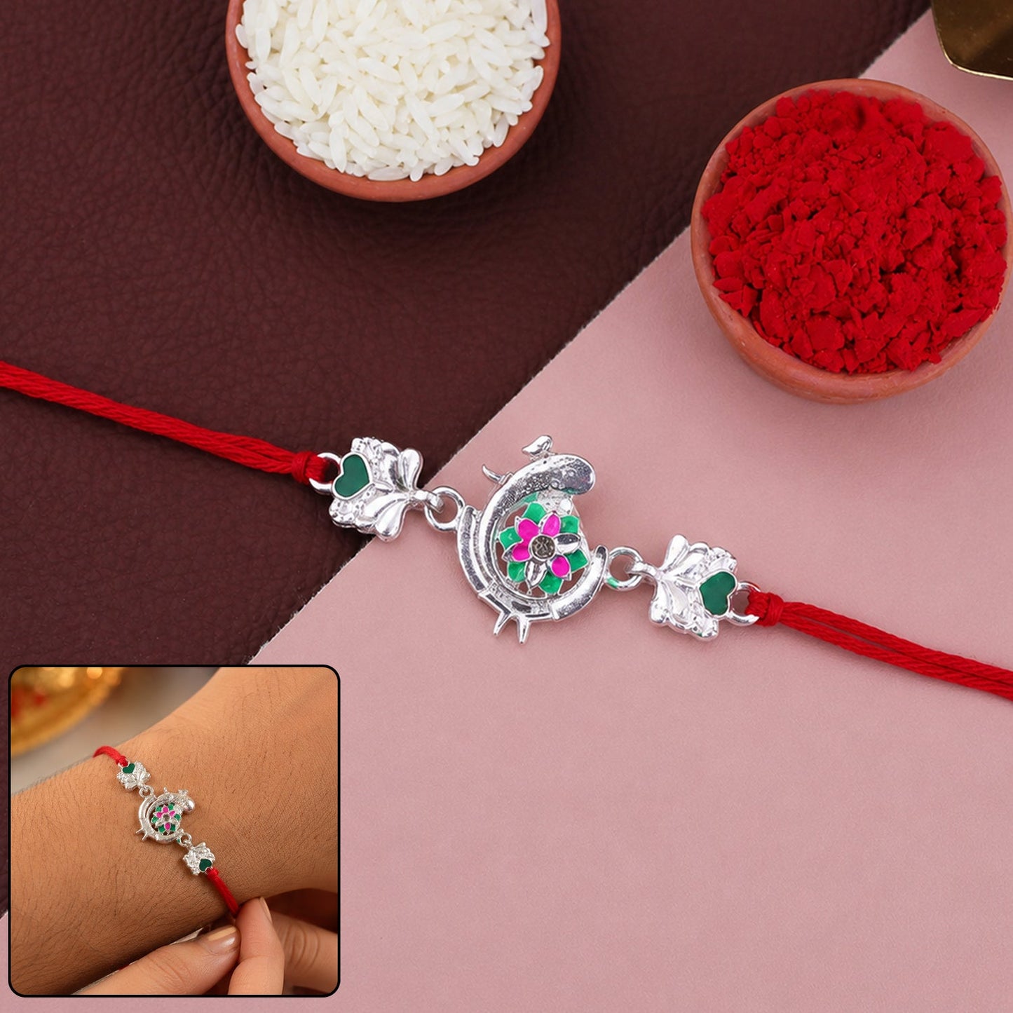 Silver Peacock Meenakari Rakhi with Green & Pink Enamel