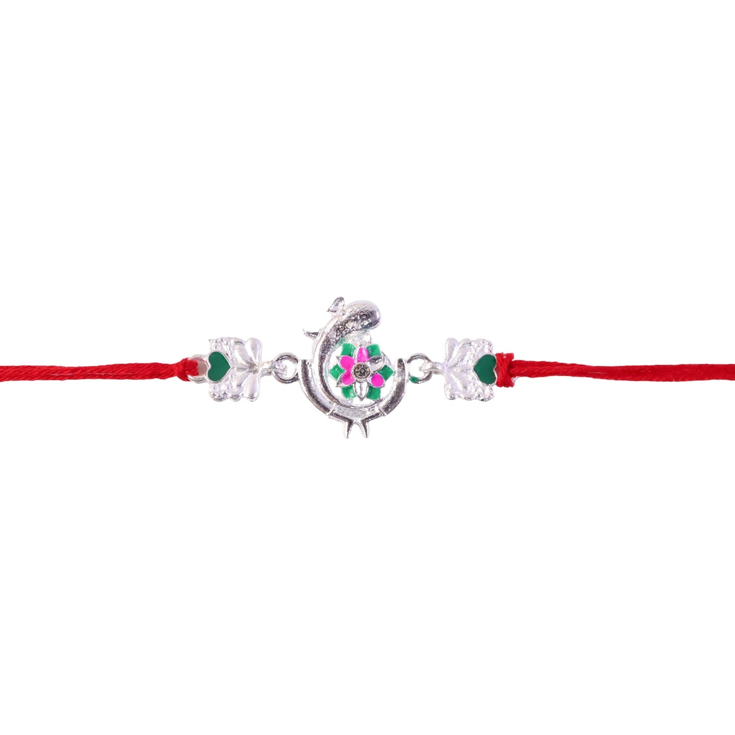 Silver Peacock Meenakari Rakhi with Green & Pink Enamel