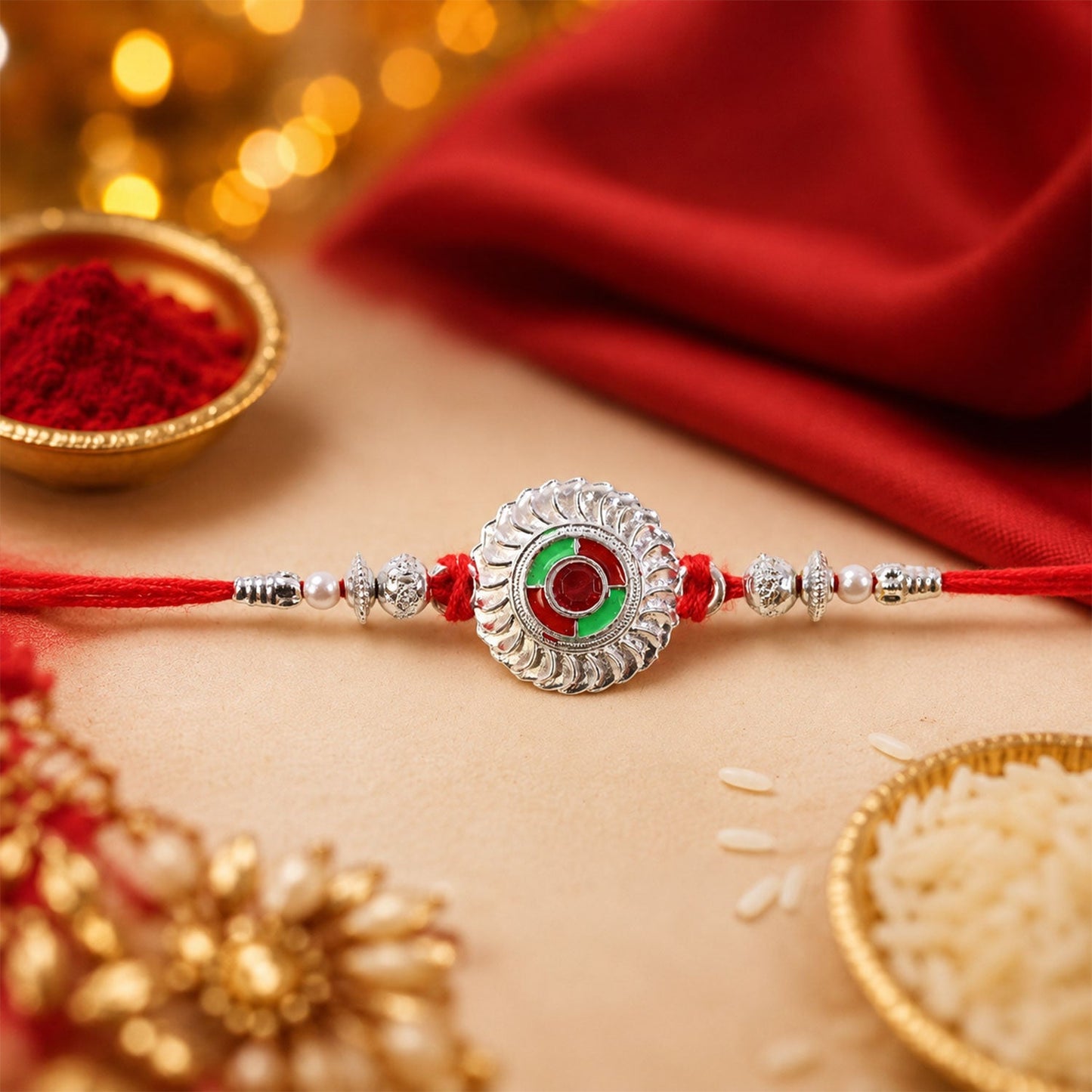 Silver Round Meenakari Rakhi with Pearls