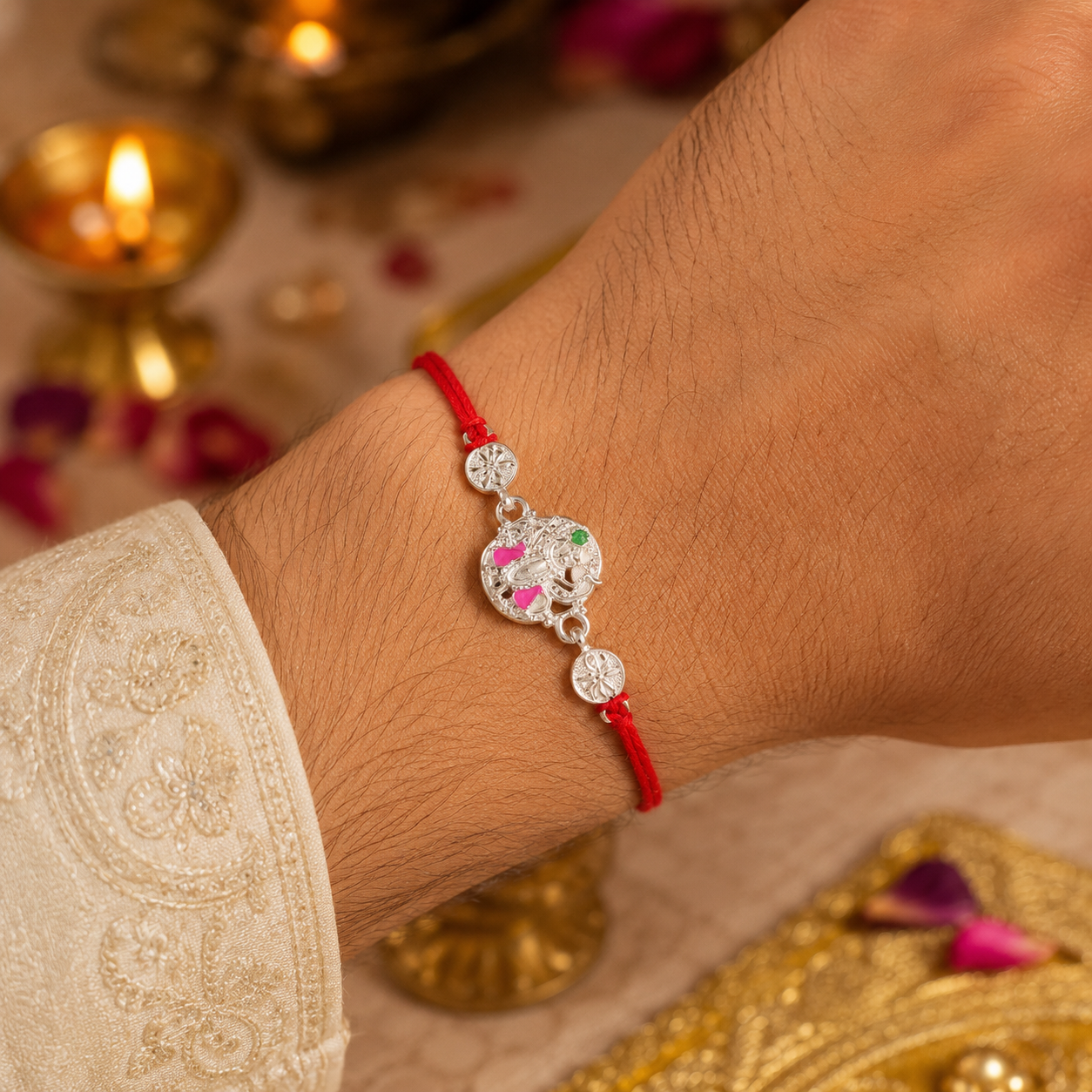 Silver Floral Meenakari Rakhi on Red Thread
