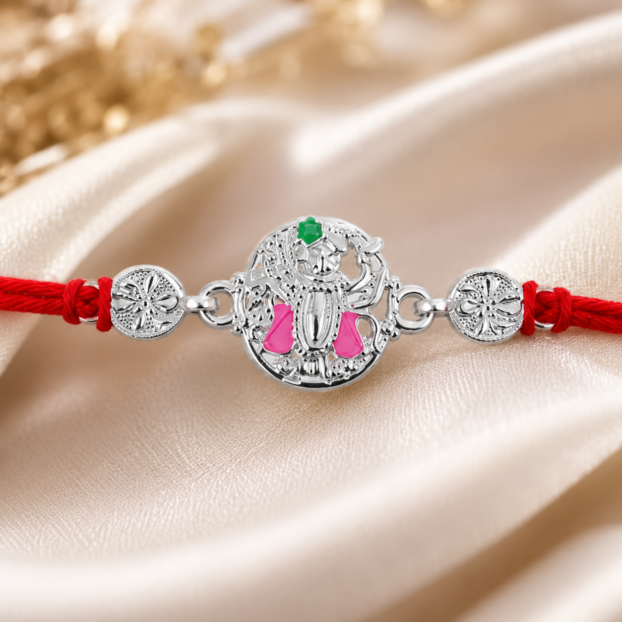 Silver Floral Meenakari Rakhi on Red Thread