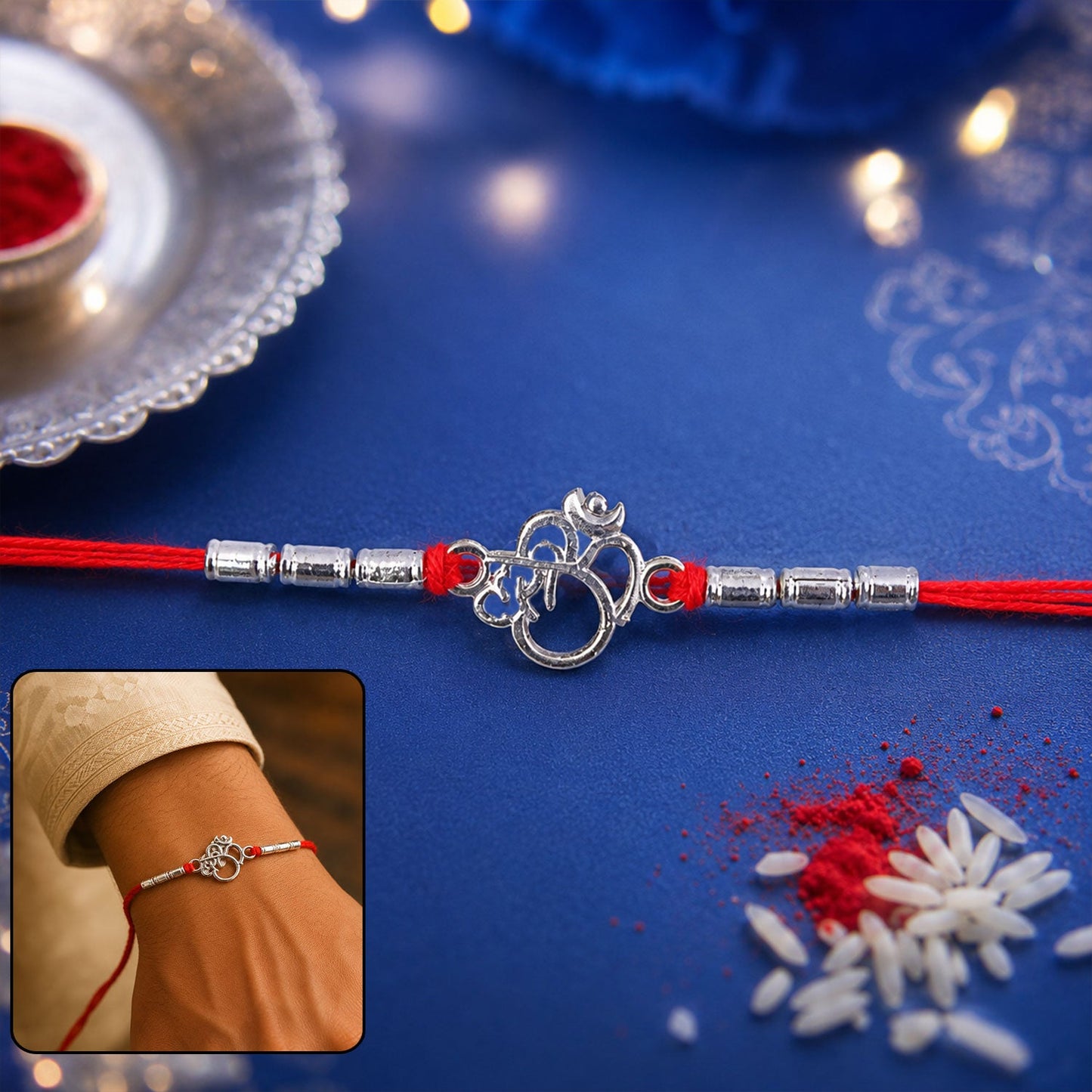 Silver Om (?) Rakhi with Textured Beads