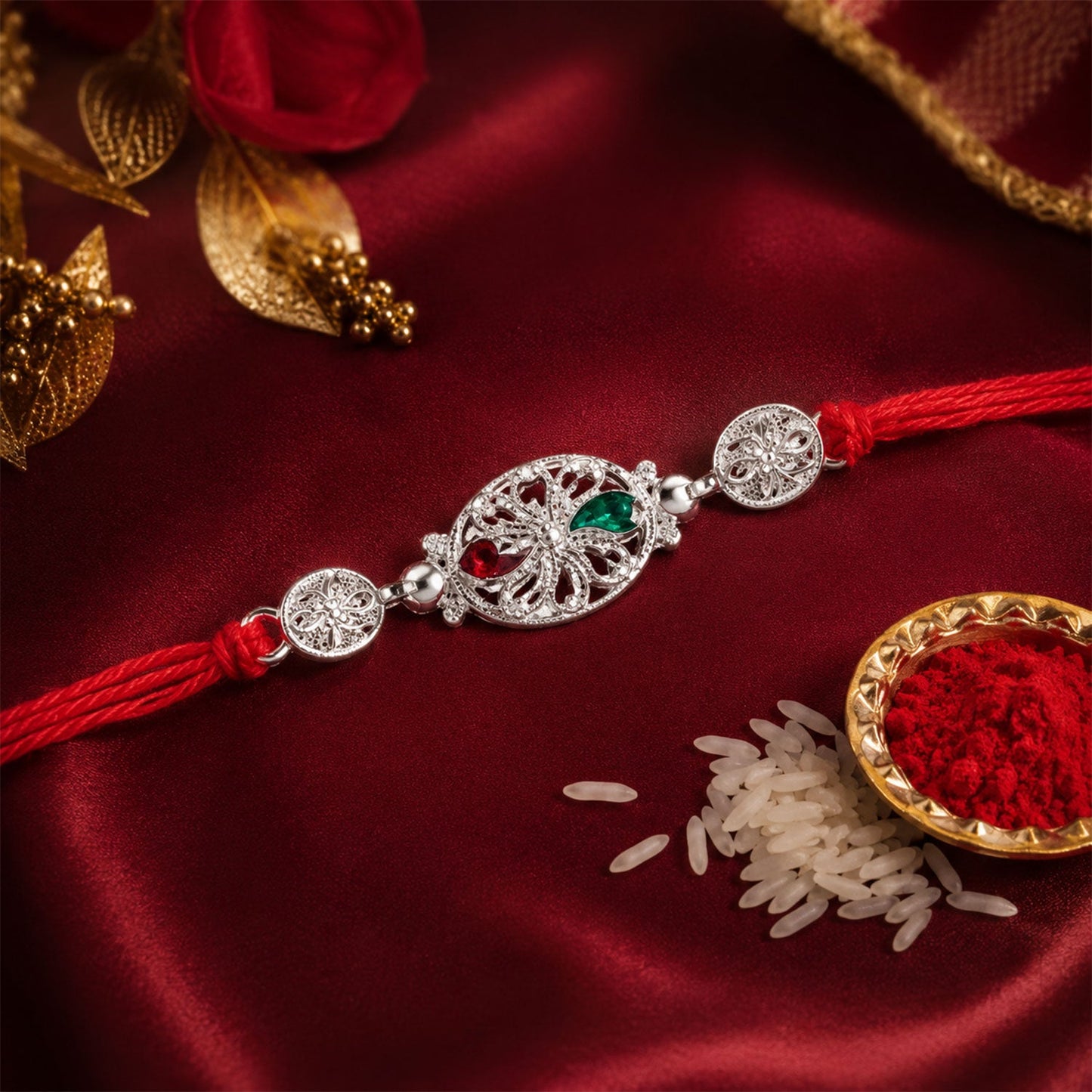 Silver Filigree Rakhi with Red & Green Teardrop Stones