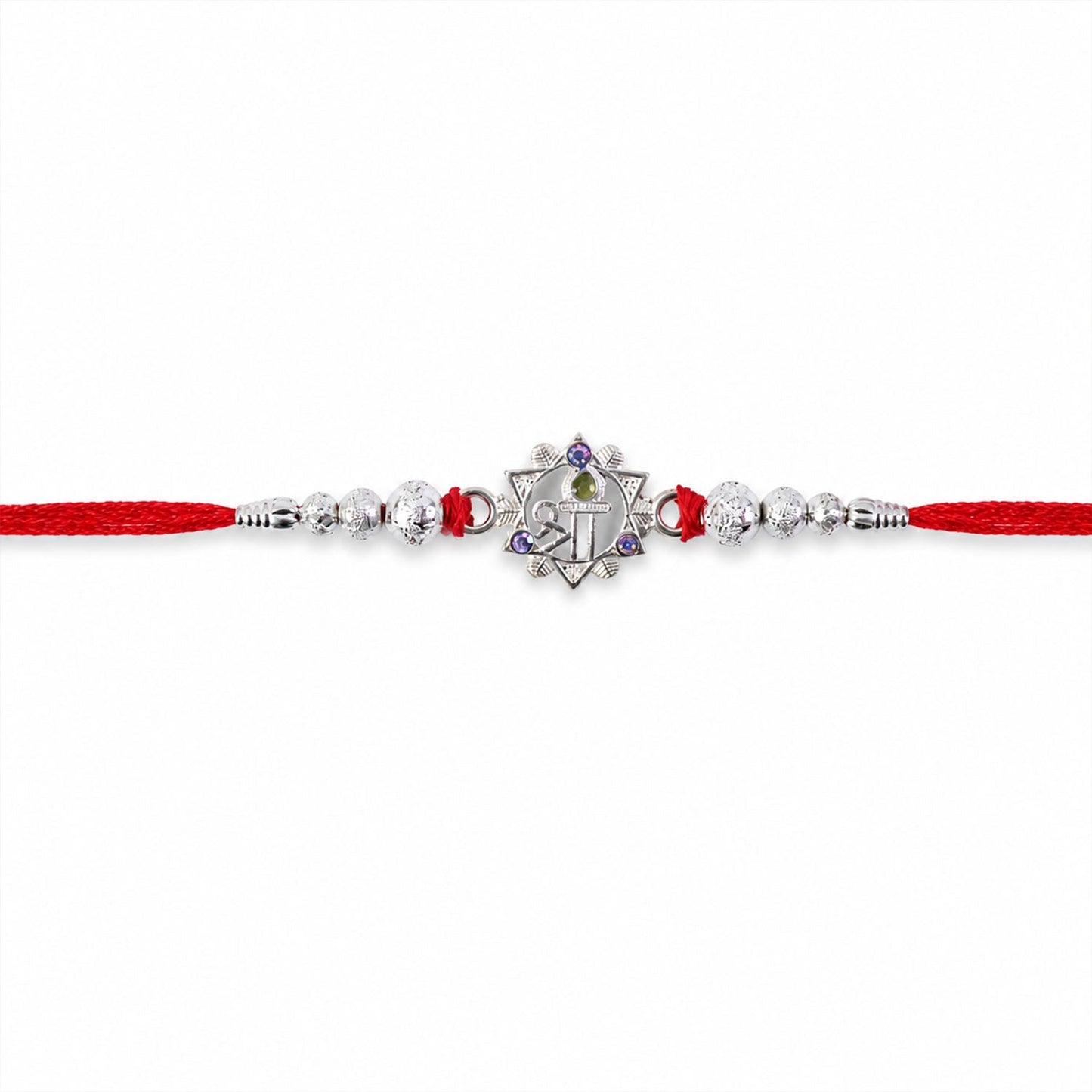 Silver Swastik Rakhi with Red Stones & Beads