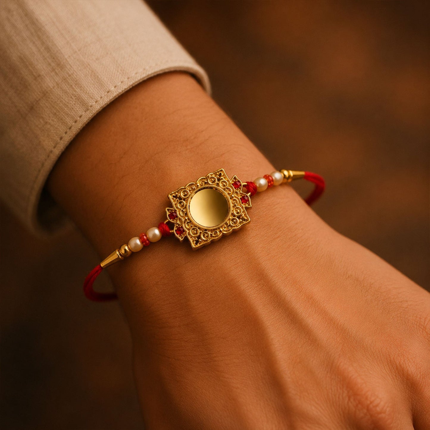 Golden Square Frame Rakhi with Pearls & Red Beads