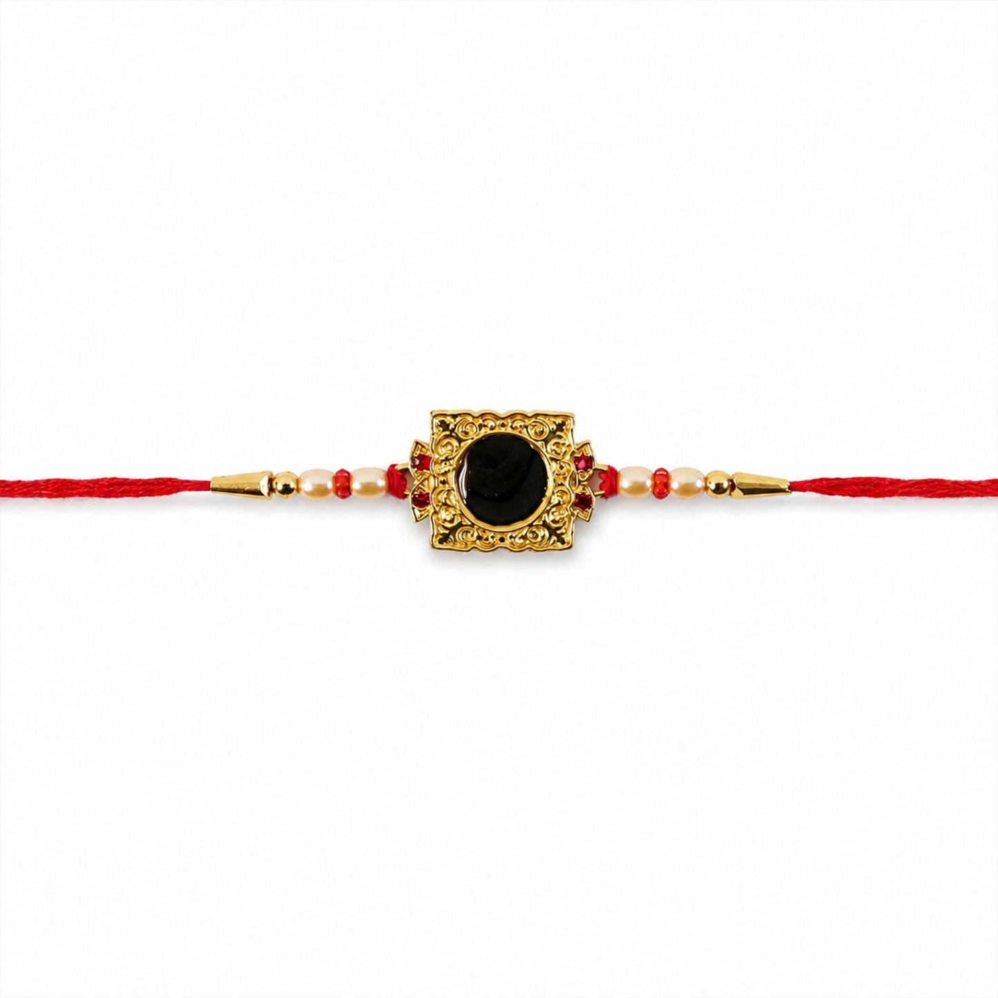 Golden Square Frame Rakhi with Pearls & Red Beads