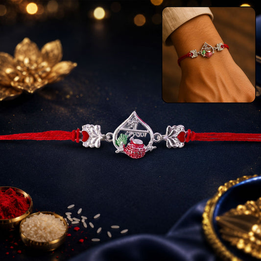 Silver Peacock Meenakari Rakhi with Red & Green Accents