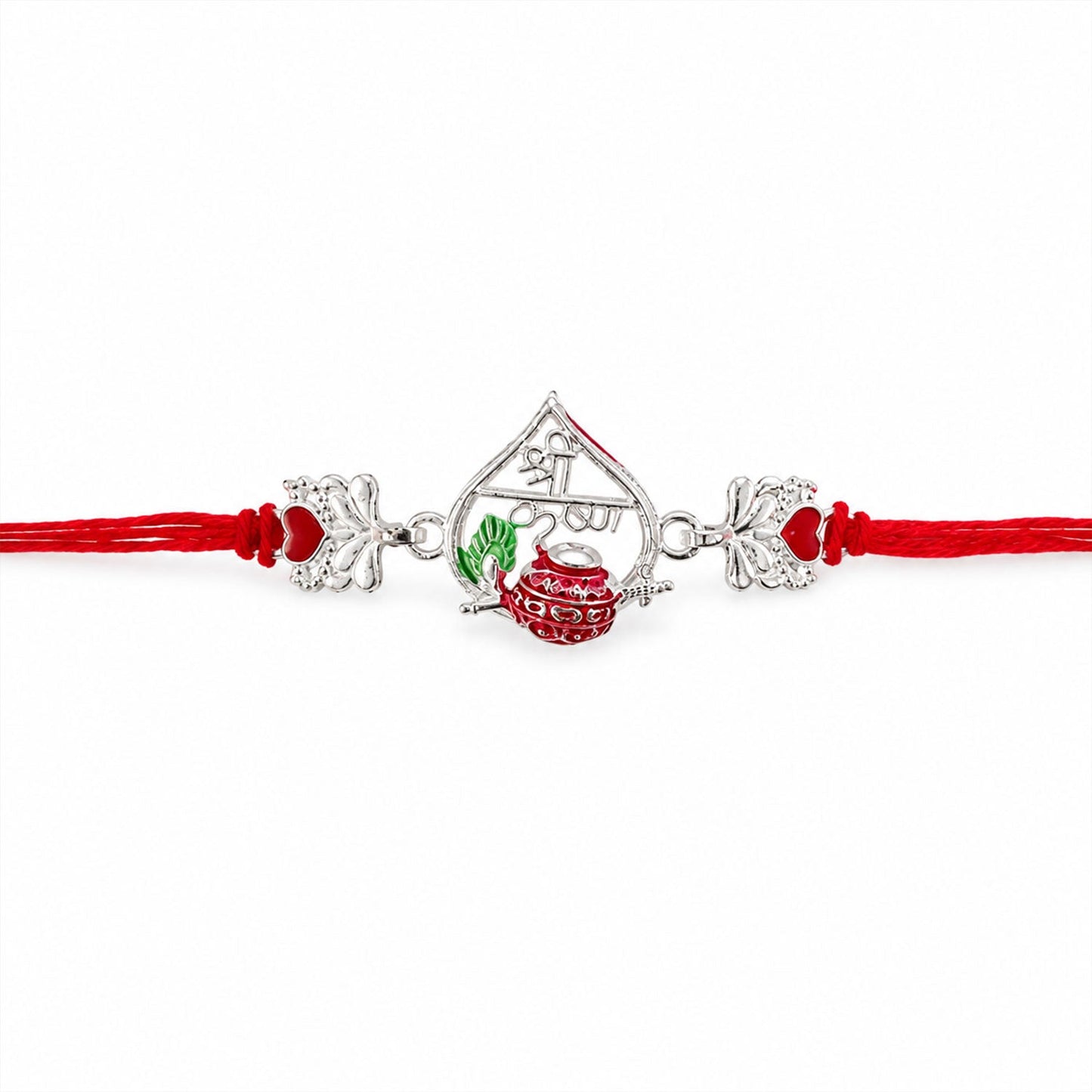 Silver Peacock Meenakari Rakhi with Red & Green Accents