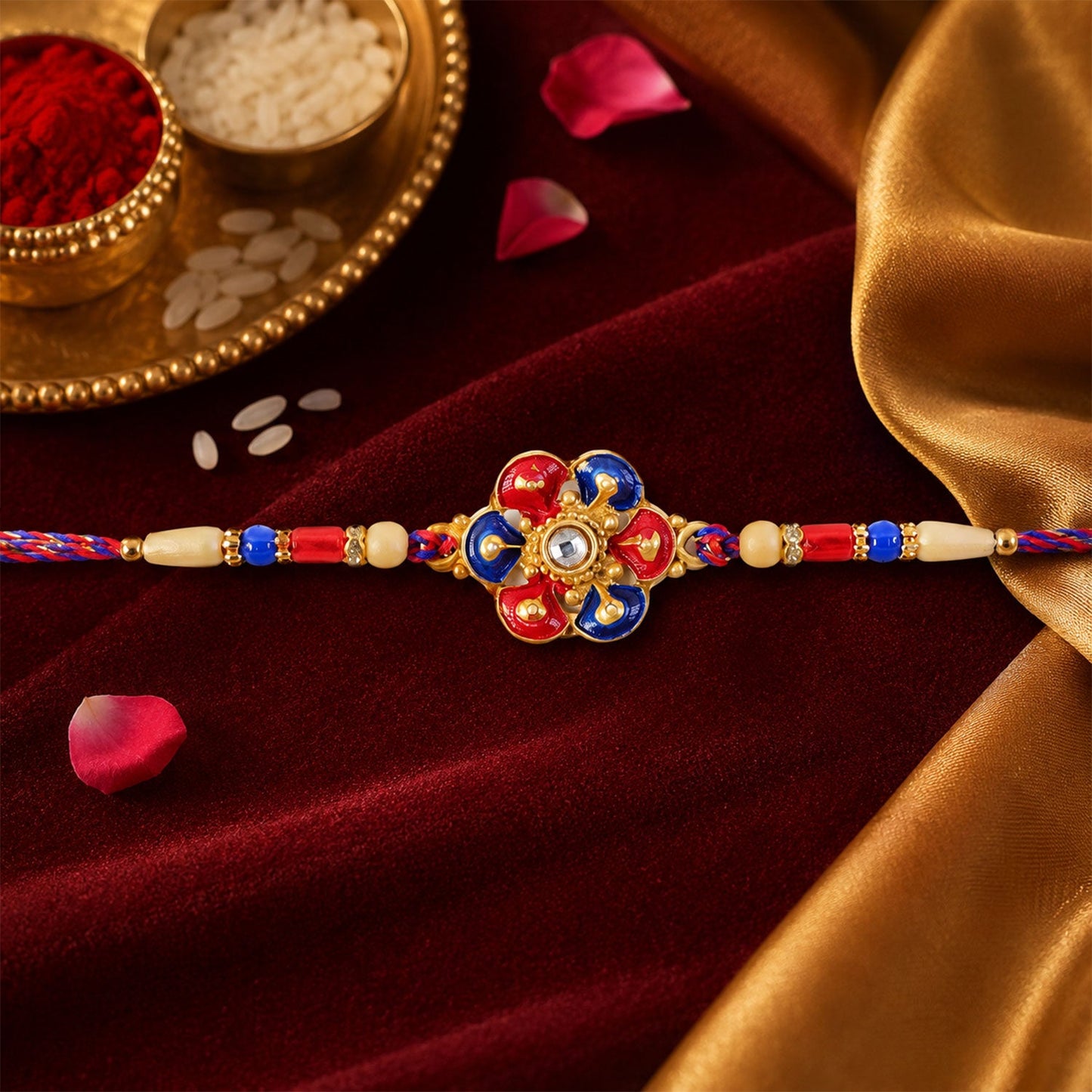 Designer Meenakari Flower Rakhi with Pearl Beads for Brother