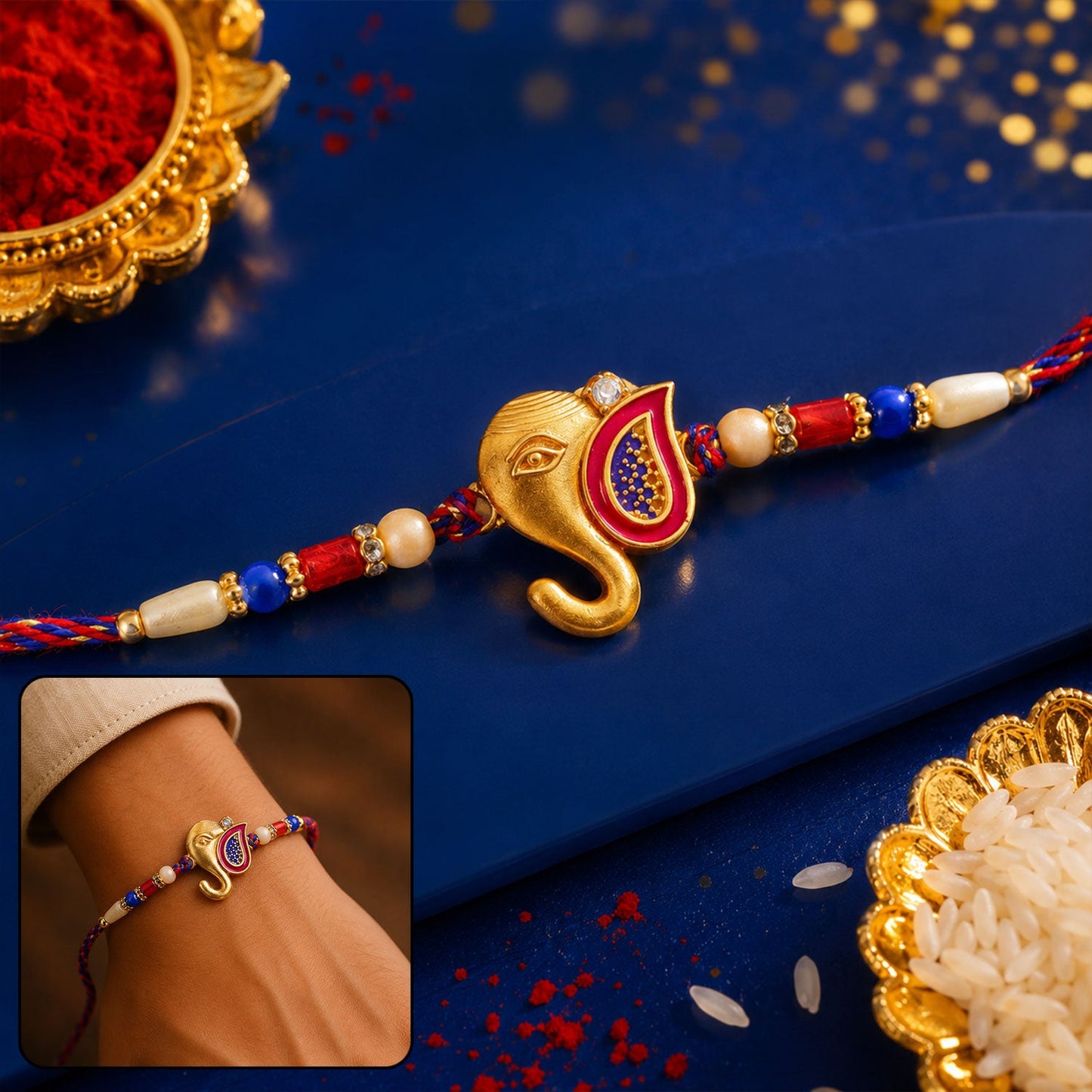 Golden Lord Ganesha Meenakari Rakhi with Beads for Brother