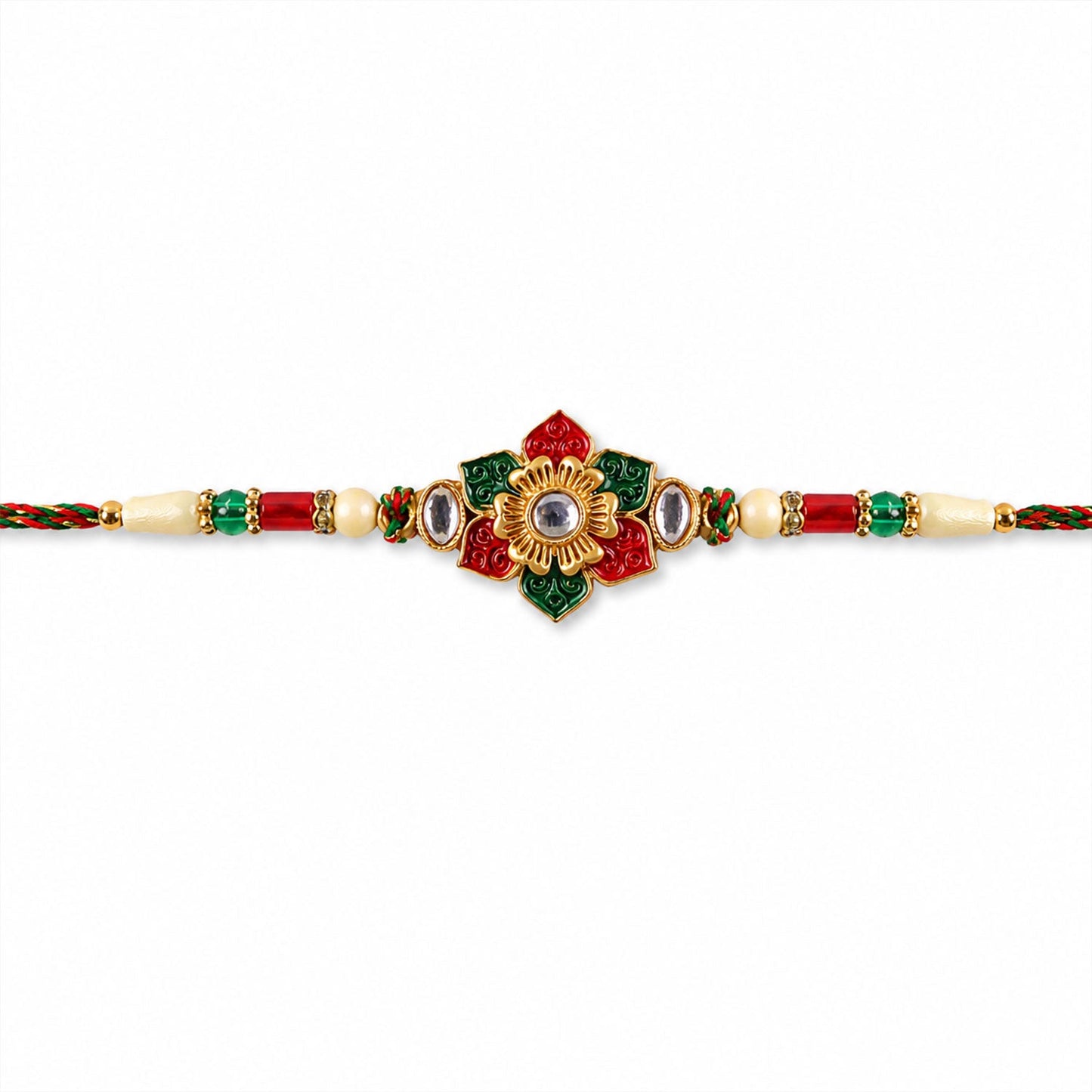 Red & Green Meenakari Kundan Floral Rakhi for Brother