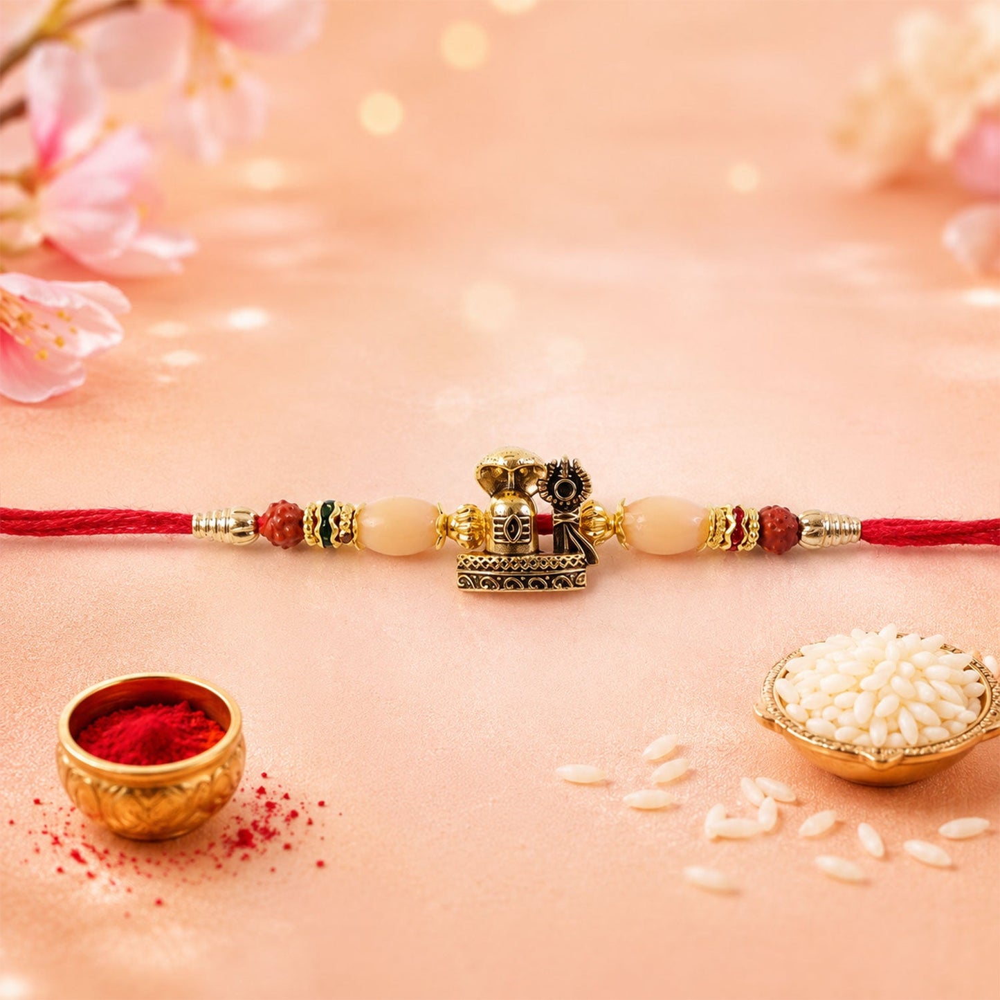 Antique Golden Shivling Rakhi with Beads for Brother