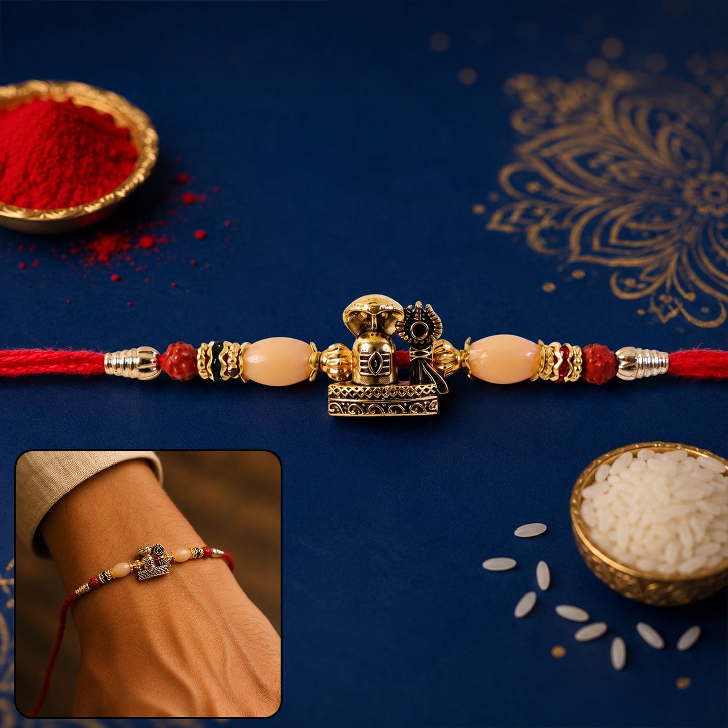 Antique Golden Shivling Rakhi with Beads for Brother