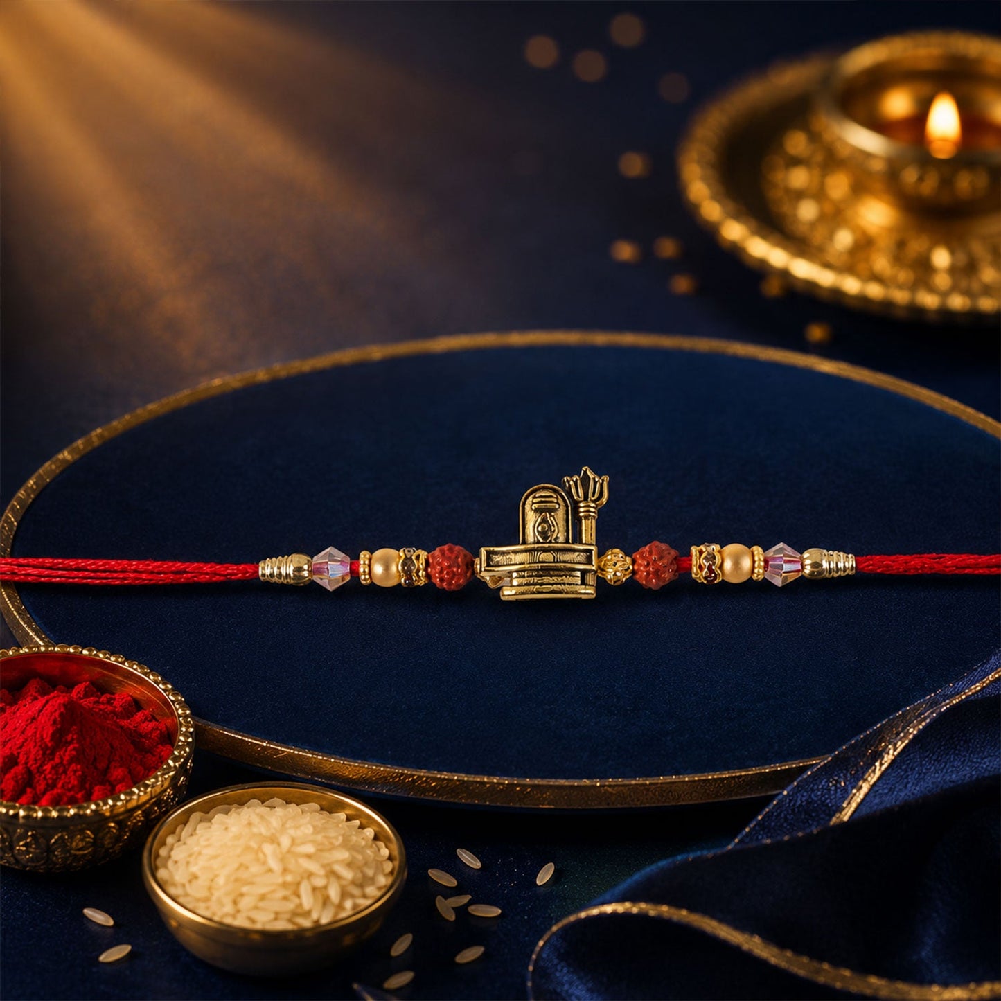 Antique Gold Shivling Trishul Rakhi with Rudraksha for Brother