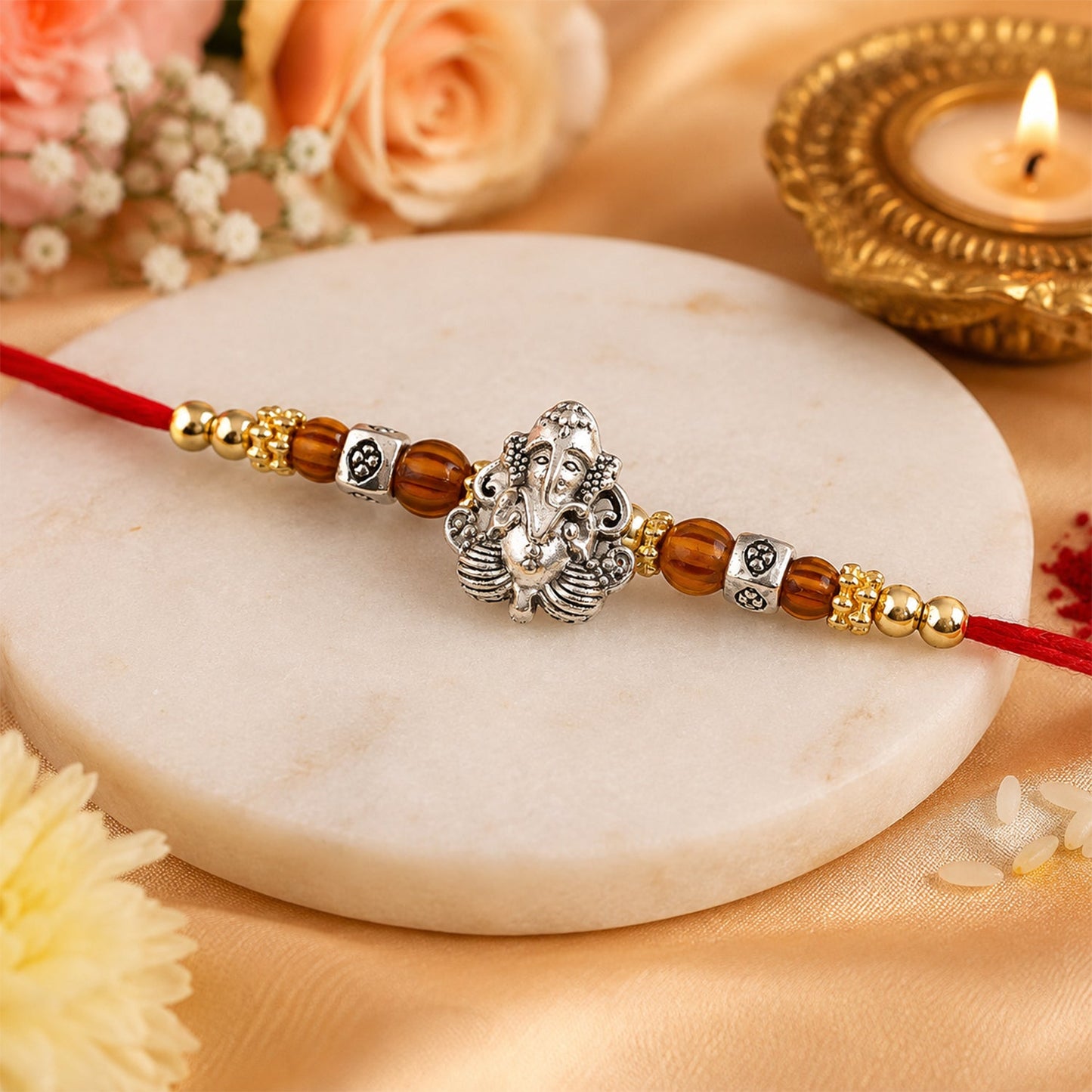 Silver Lord Ganesha Rakhi with Rudraksha & Wooden Beads for Bro