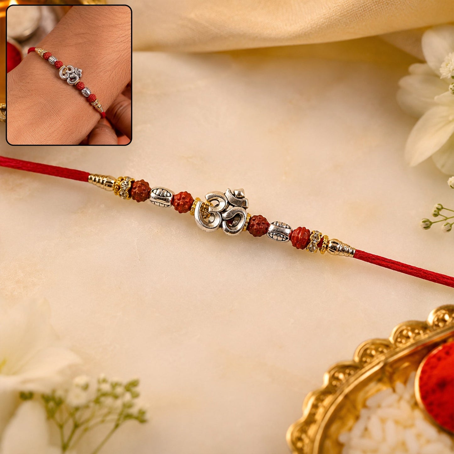 Sacred Silver Om Rakhi with Rudraksha Beads for Brother