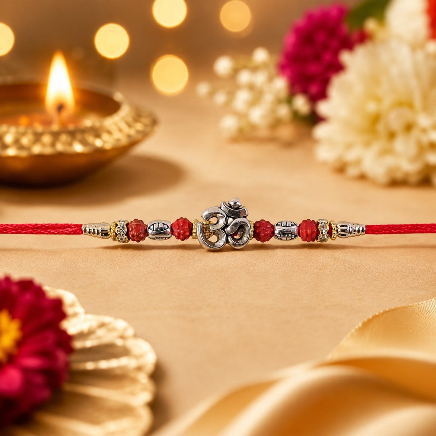 Sacred Silver Om Rakhi with Rudraksha Beads for Brother