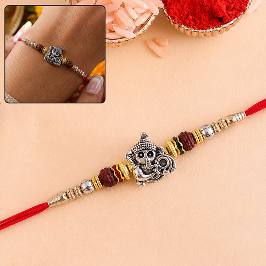 Antique Silver Baby Ganesha Rakhi with Rudraksha for Brother