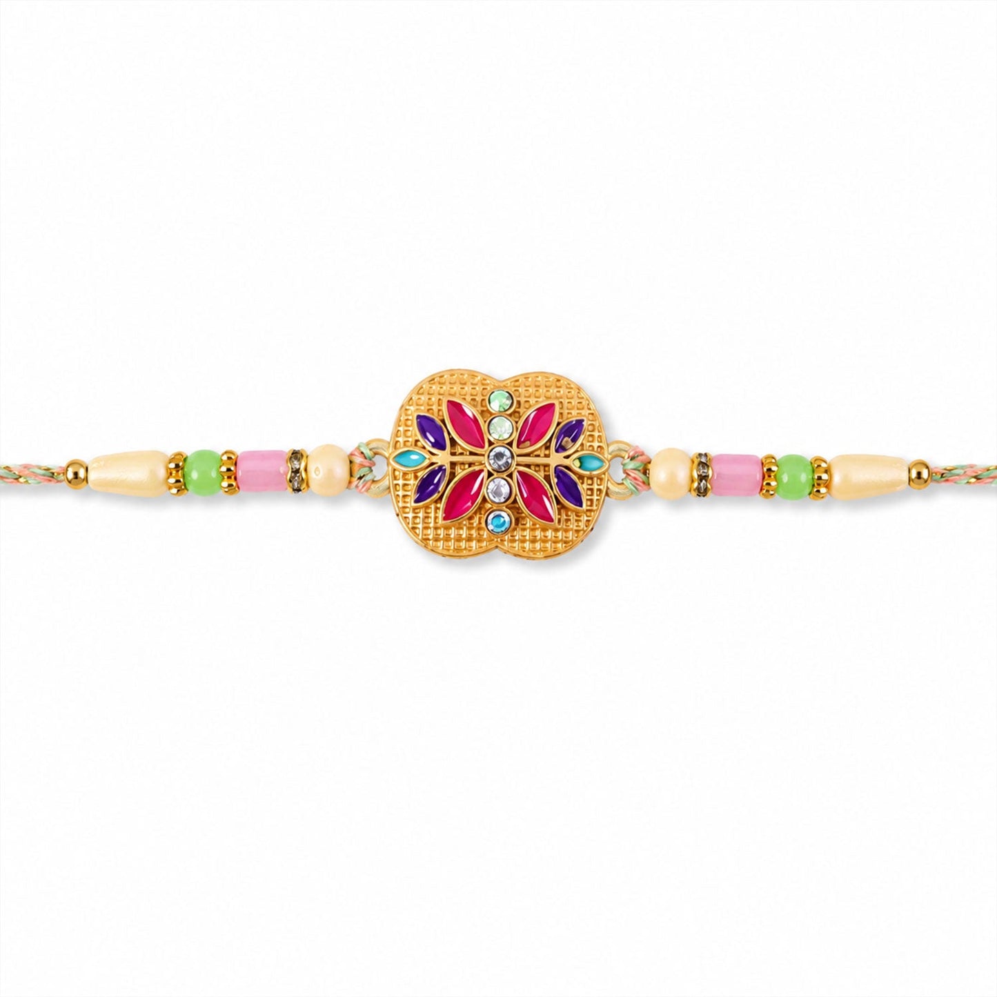 Golden Meenakari Floral Rakhi with AD Stones & Pearls for Brother