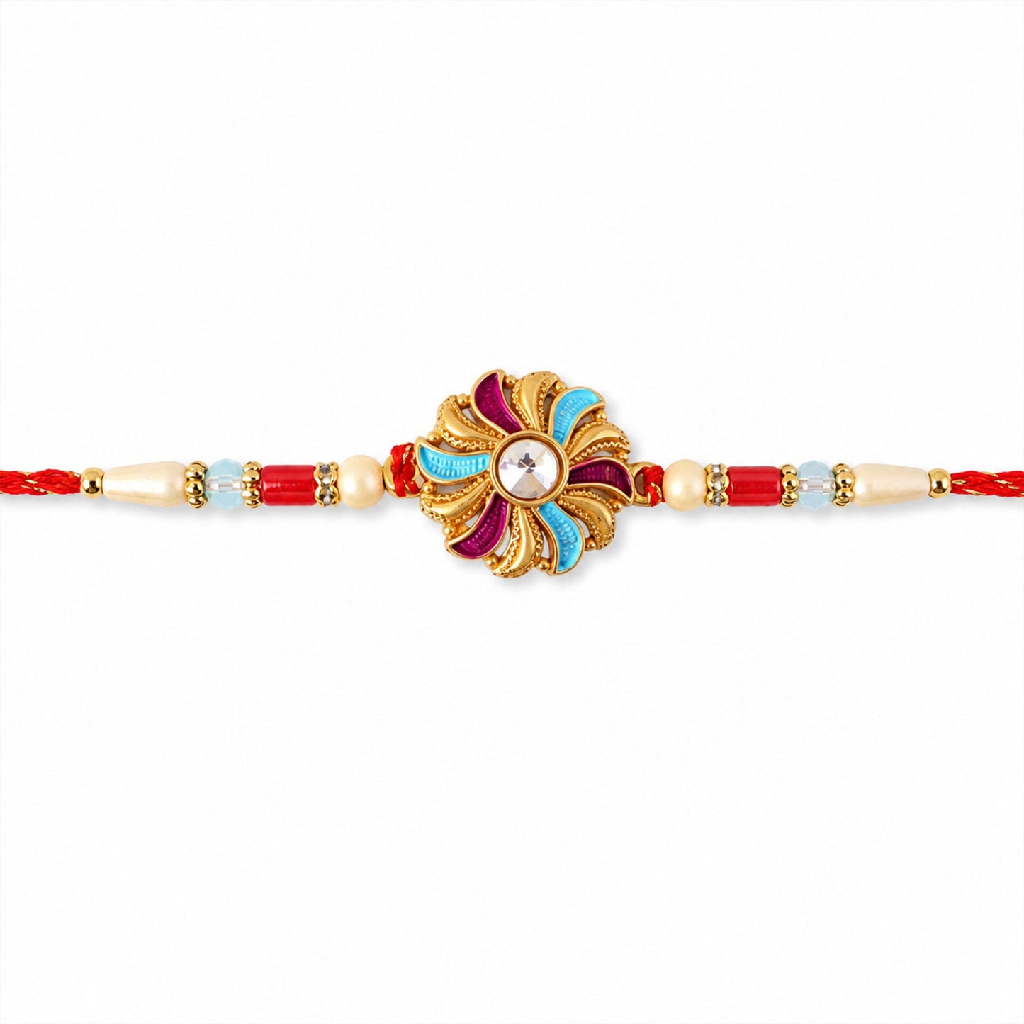 Golden Meenakari Pinwheel Rakhi with Enamel & Diamond Stone