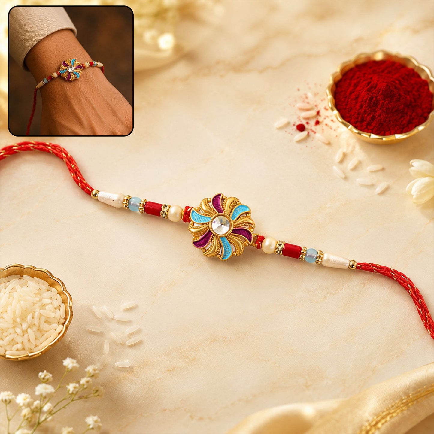 Golden Meenakari Pinwheel Rakhi with Enamel & Diamond Stone