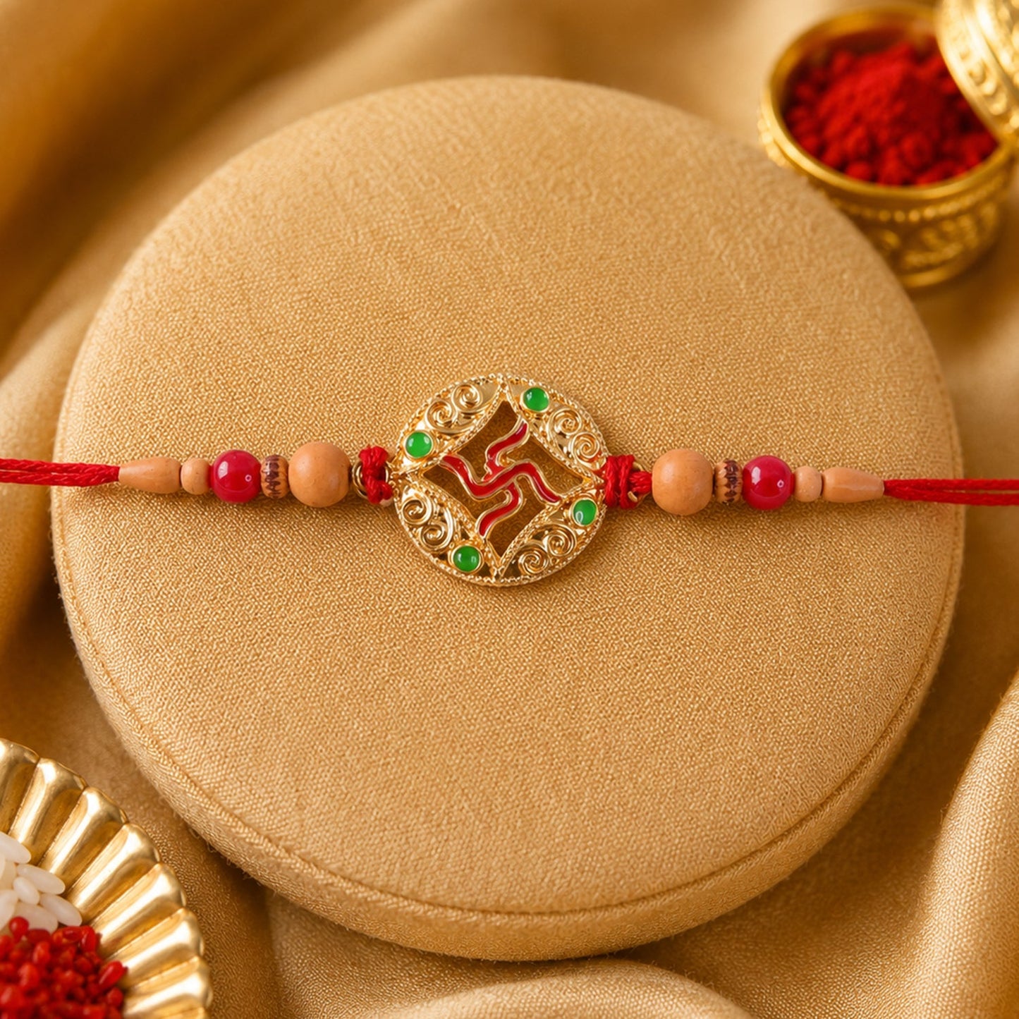 Auspicious Golden Swastik Rakhi with Wooden & Red Beads for Brother