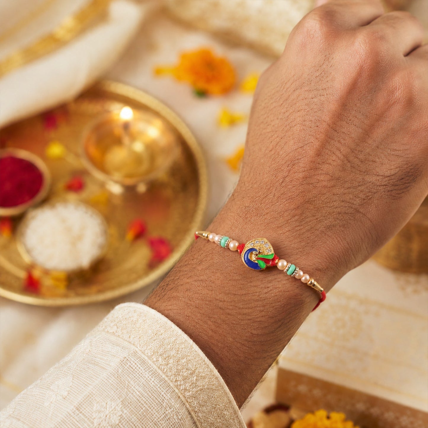 Golden Meenakari Peacock Rakhi with Pearl & Turquoise Beads for Bro