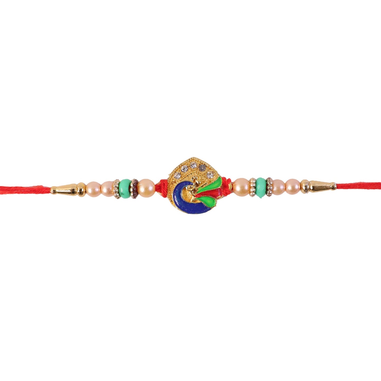 Golden Meenakari Peacock Rakhi with Pearl & Turquoise Beads for Bro