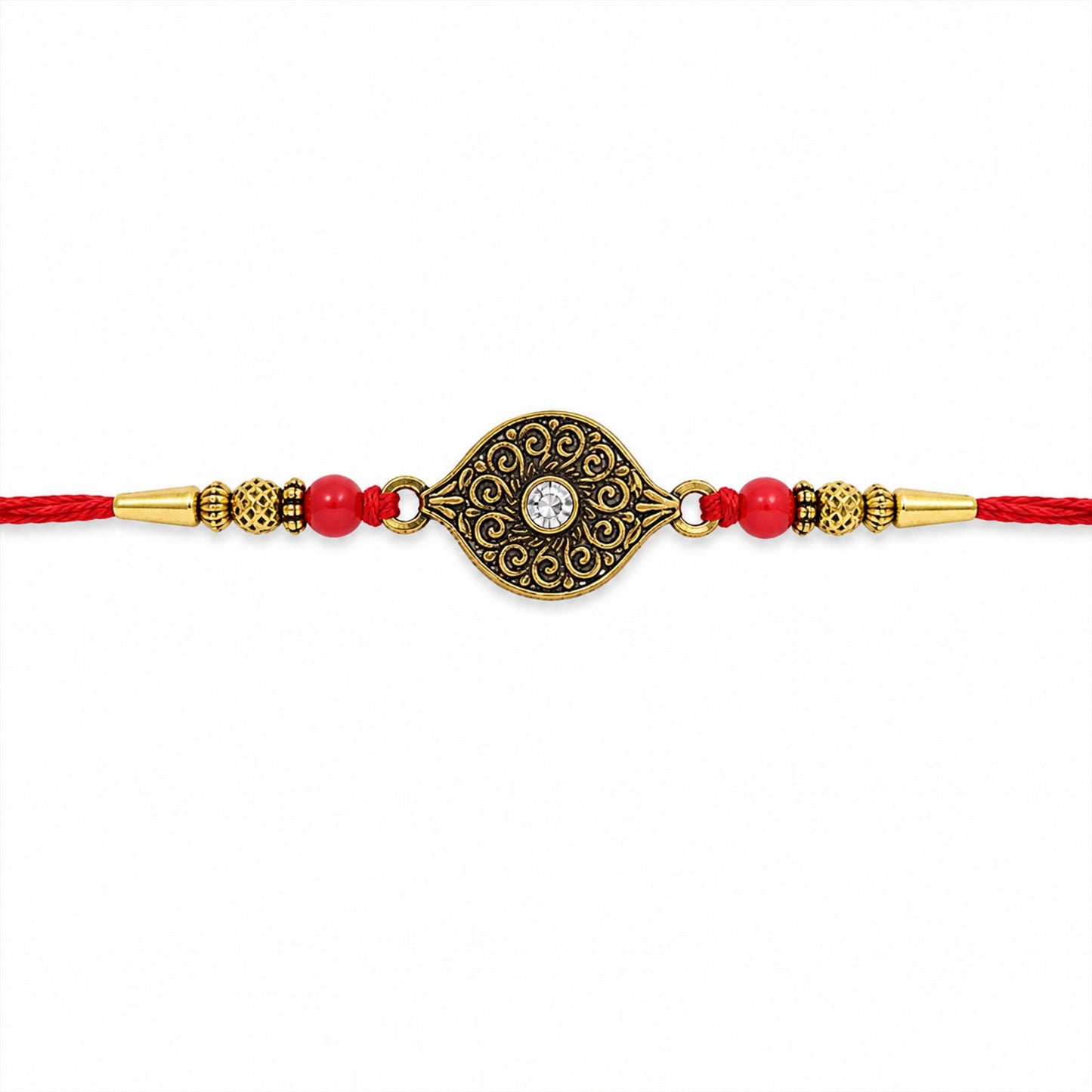 Antique Oval Rakhi with Red Crystal Beads for Brother