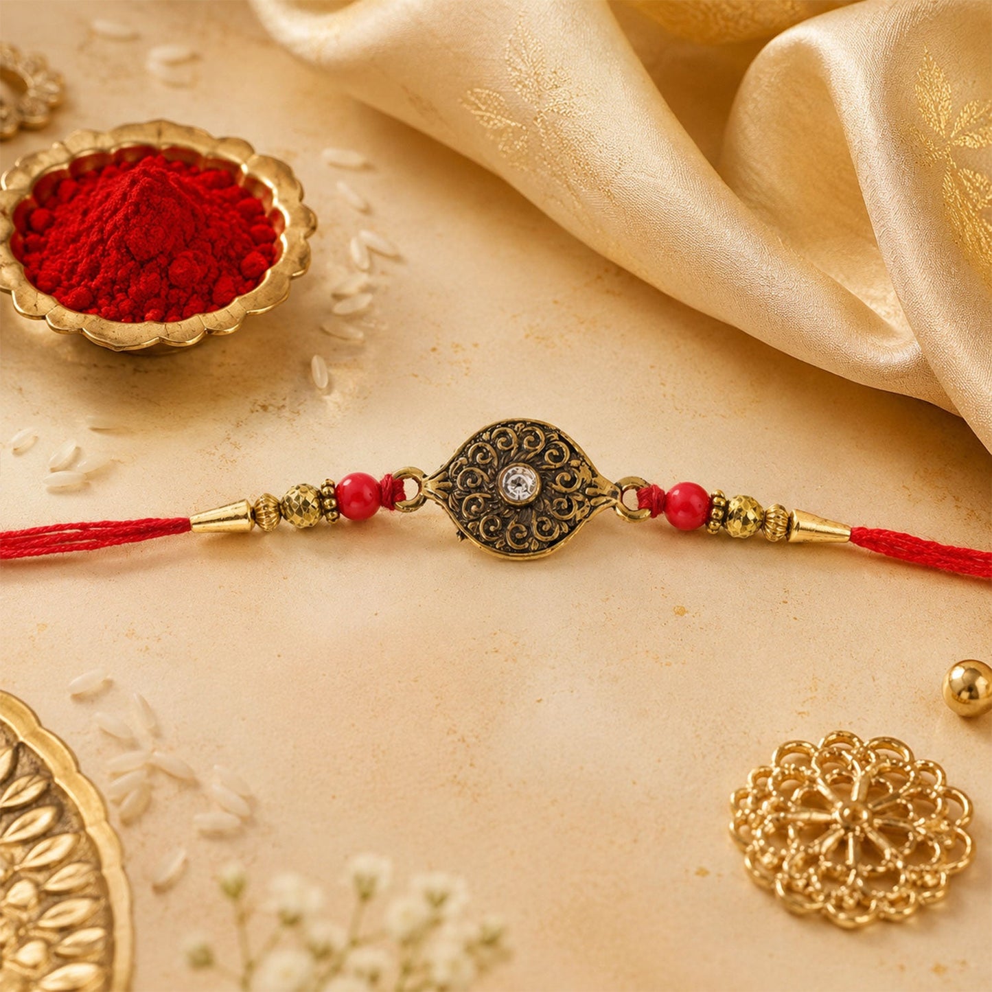 Antique Oval Rakhi with Red Crystal Beads for Brother