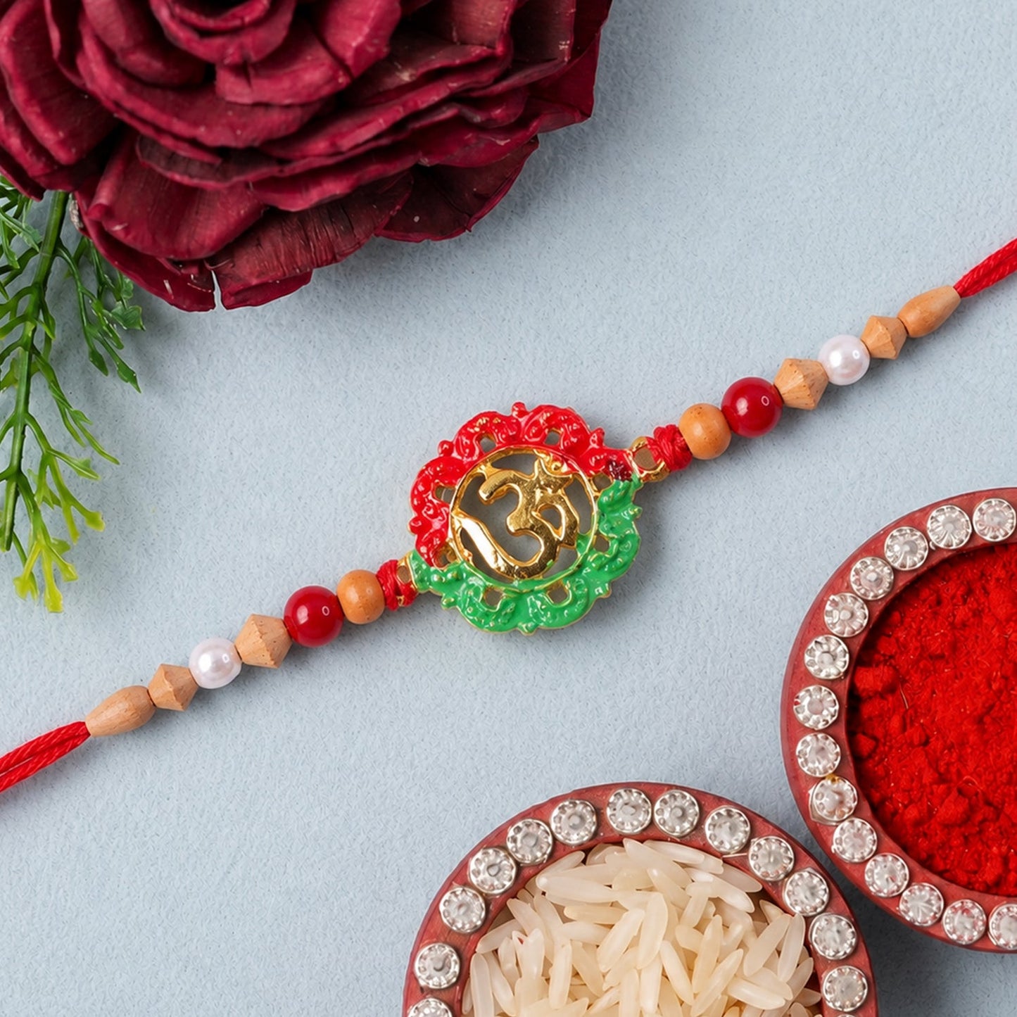 Sacred Om Meenakari Rakhi with Wooden & Pearl Beads for Brother