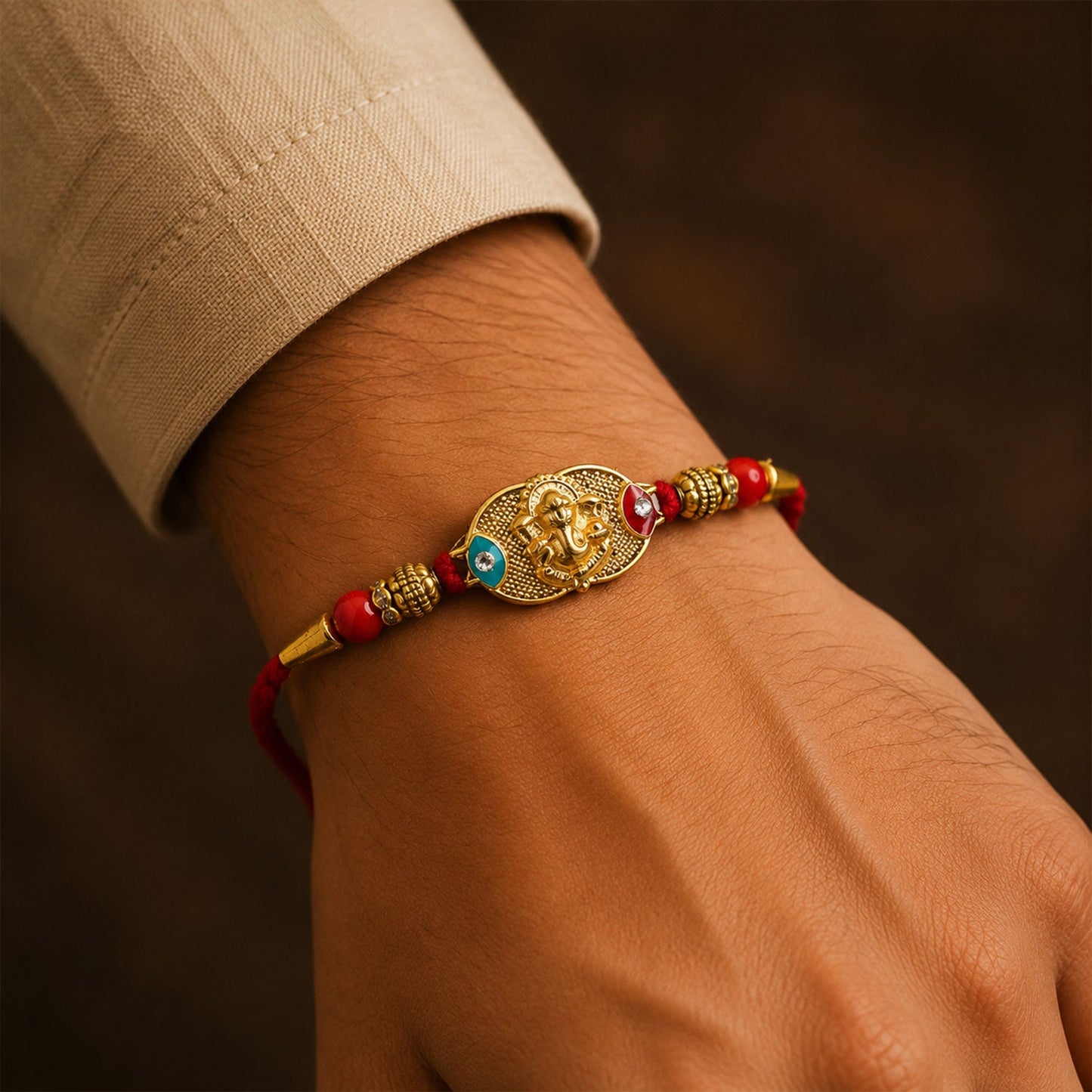 Golden Lord Ganesha Oval Rakhi with Red & Blue Beads for Brother