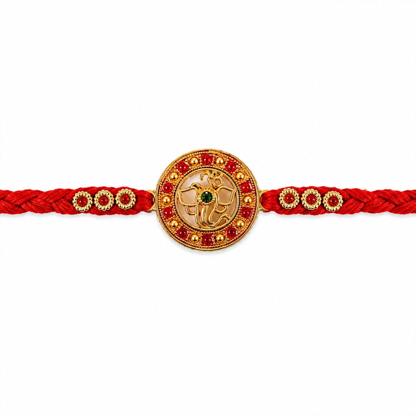 Elegant Golden Ganesha Round Rakhi with Red Crystal Bead for Brother