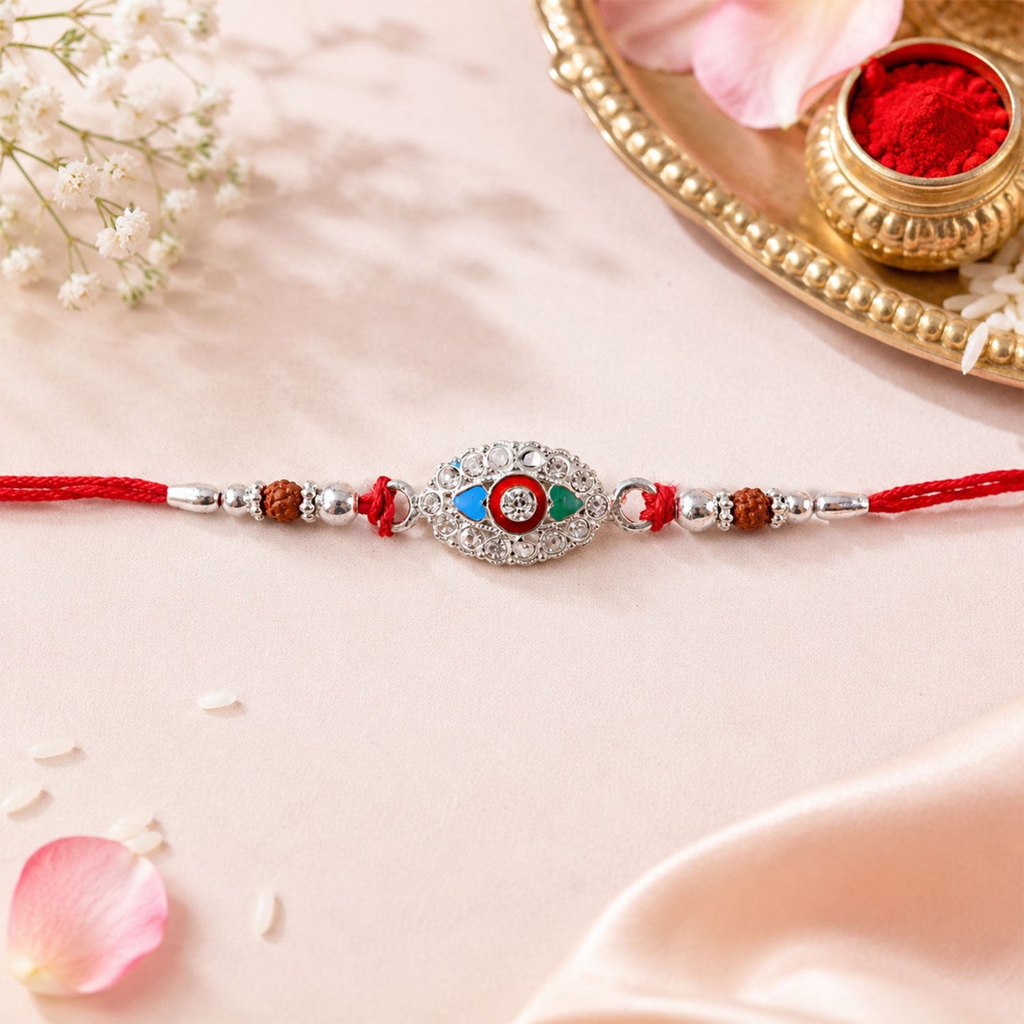 Silver Stone Design Rakhi with Beads for Brother