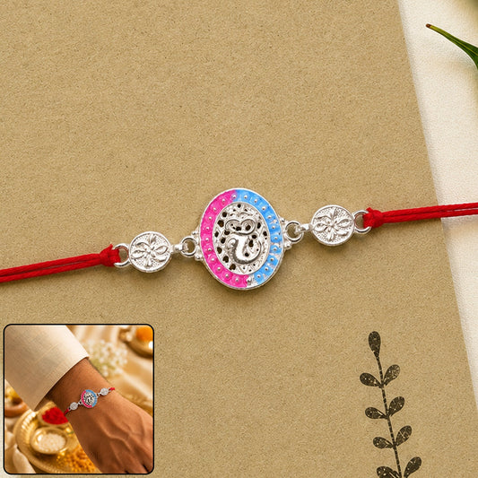 Silver Meenakari Rakhi with Pink & Blue Enamel for Brother