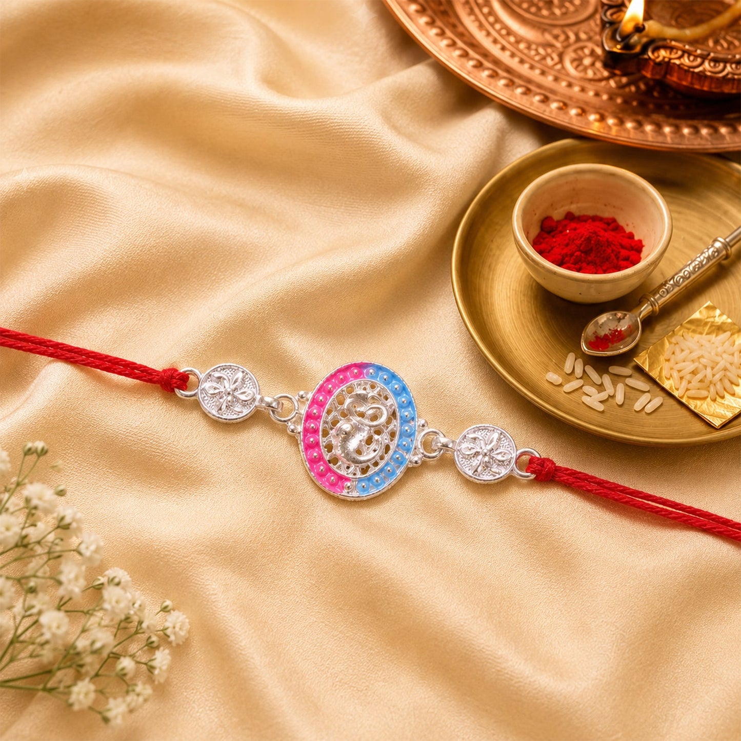Silver Meenakari Rakhi with Pink & Blue Enamel for Brother