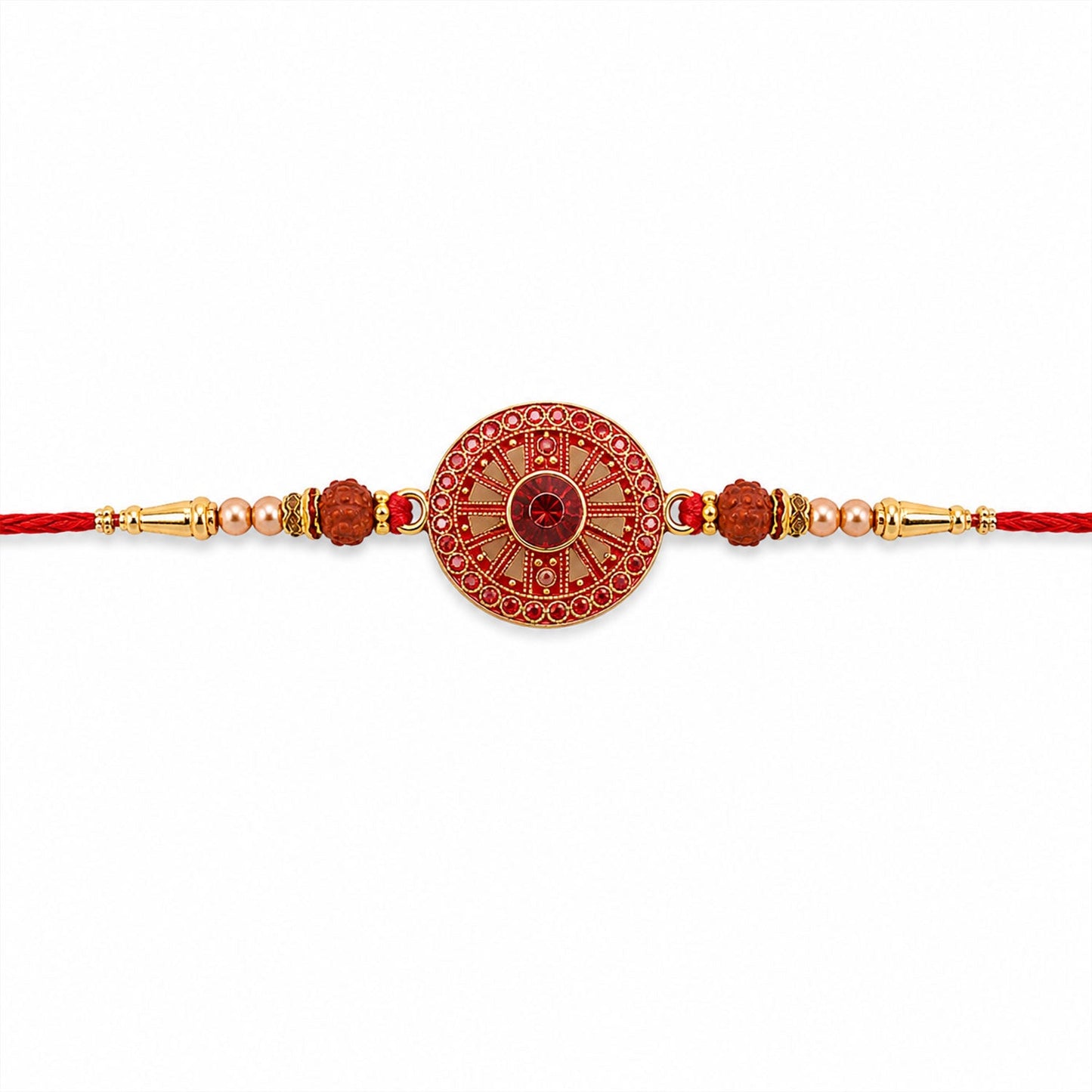 Red Crystal Floral Rakhi with Rudraksha & Pearl Beads for Brother