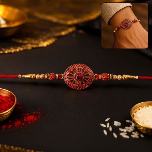 Red Crystal Floral Rakhi with Rudraksha & Pearl Beads for Brother