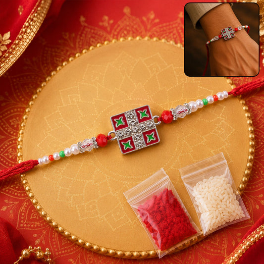 Silver Square Meenakari Rakhi with Crystal & Pearl Beads for Brother